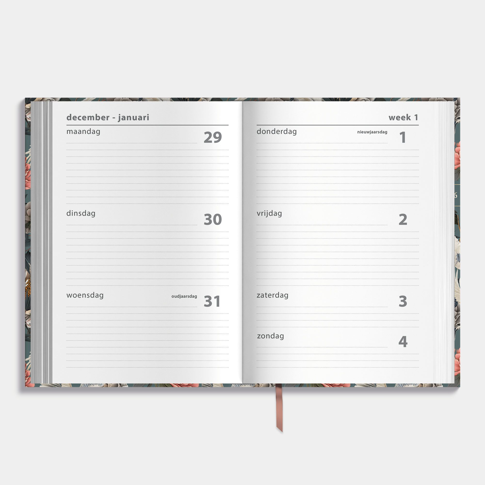 basic agenda 2026 met chique kraanvogels en pioenen – binnenwerk met weekoverzicht.