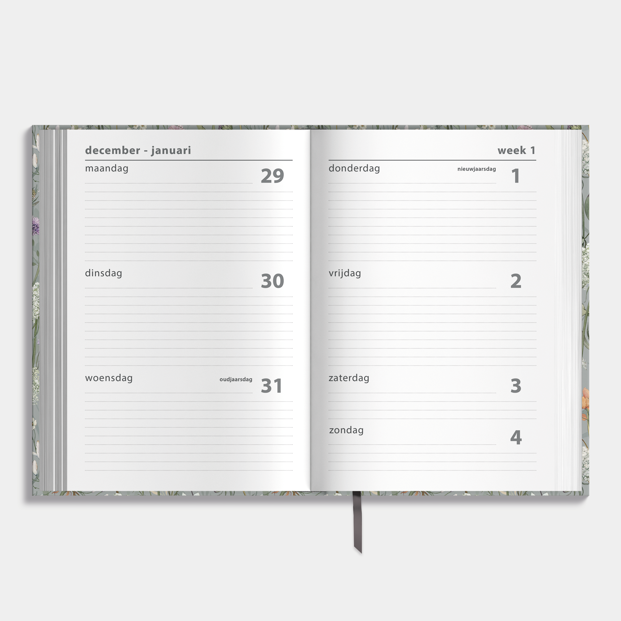 basic agenda 2026 met een print van weidebloemen – binnenwerk met weekoverzicht.