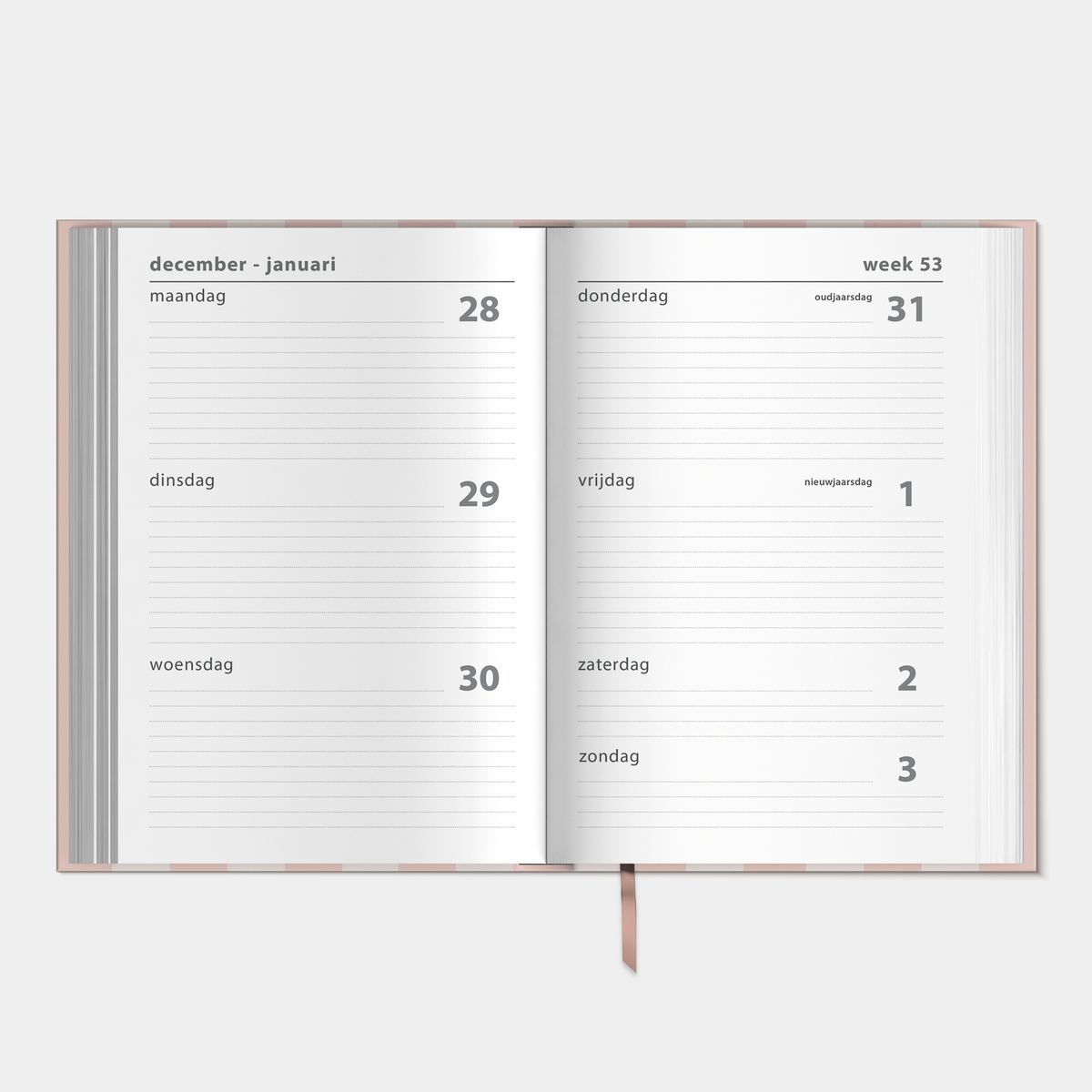 Basic agenda 2027 met harde kaft die is voorzien van pastelroze verticale strepen – binnenwerk met weekoverzicht.