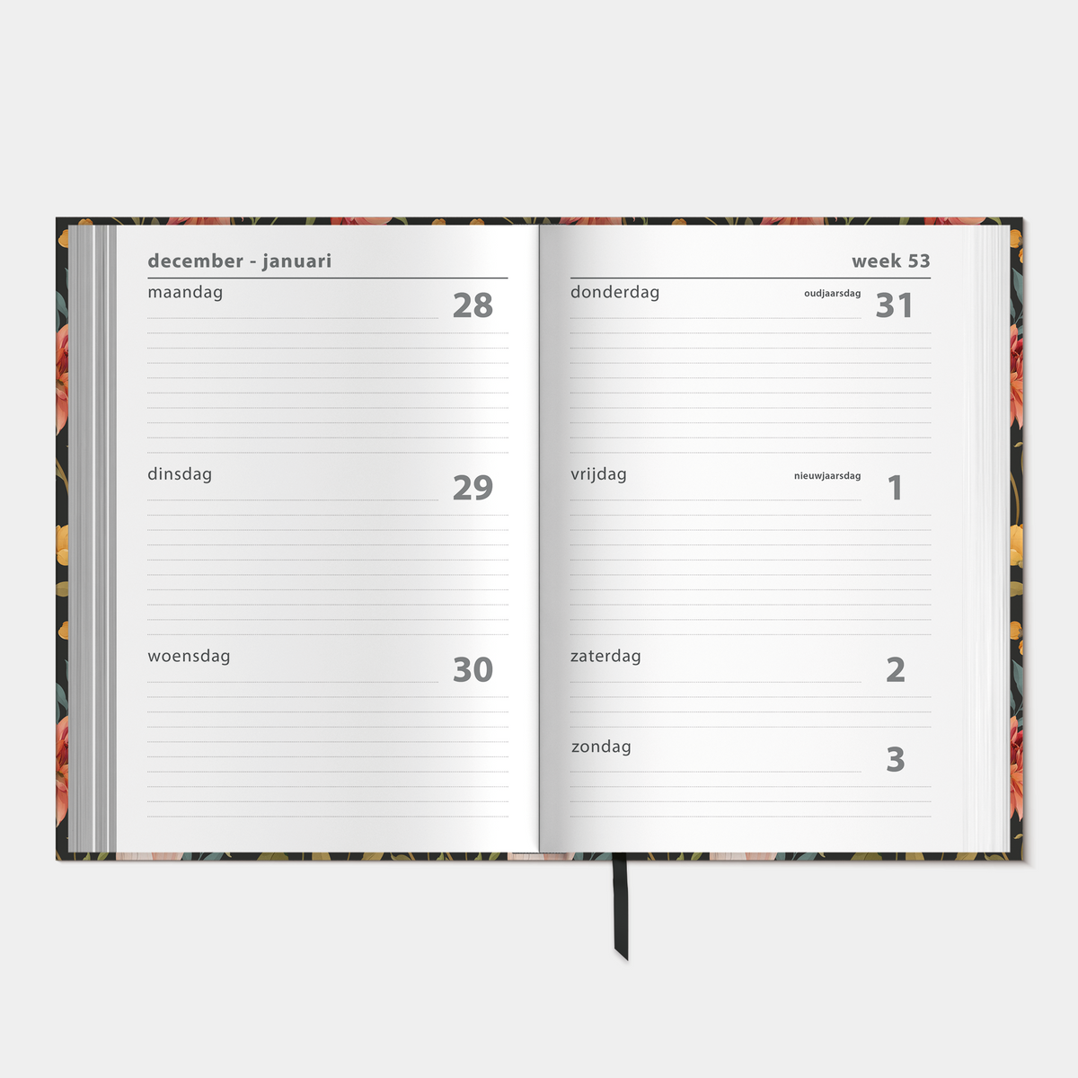 Basic agenda 2027 met vintage bloemenprint – binnenwerk met weekoverzicht.