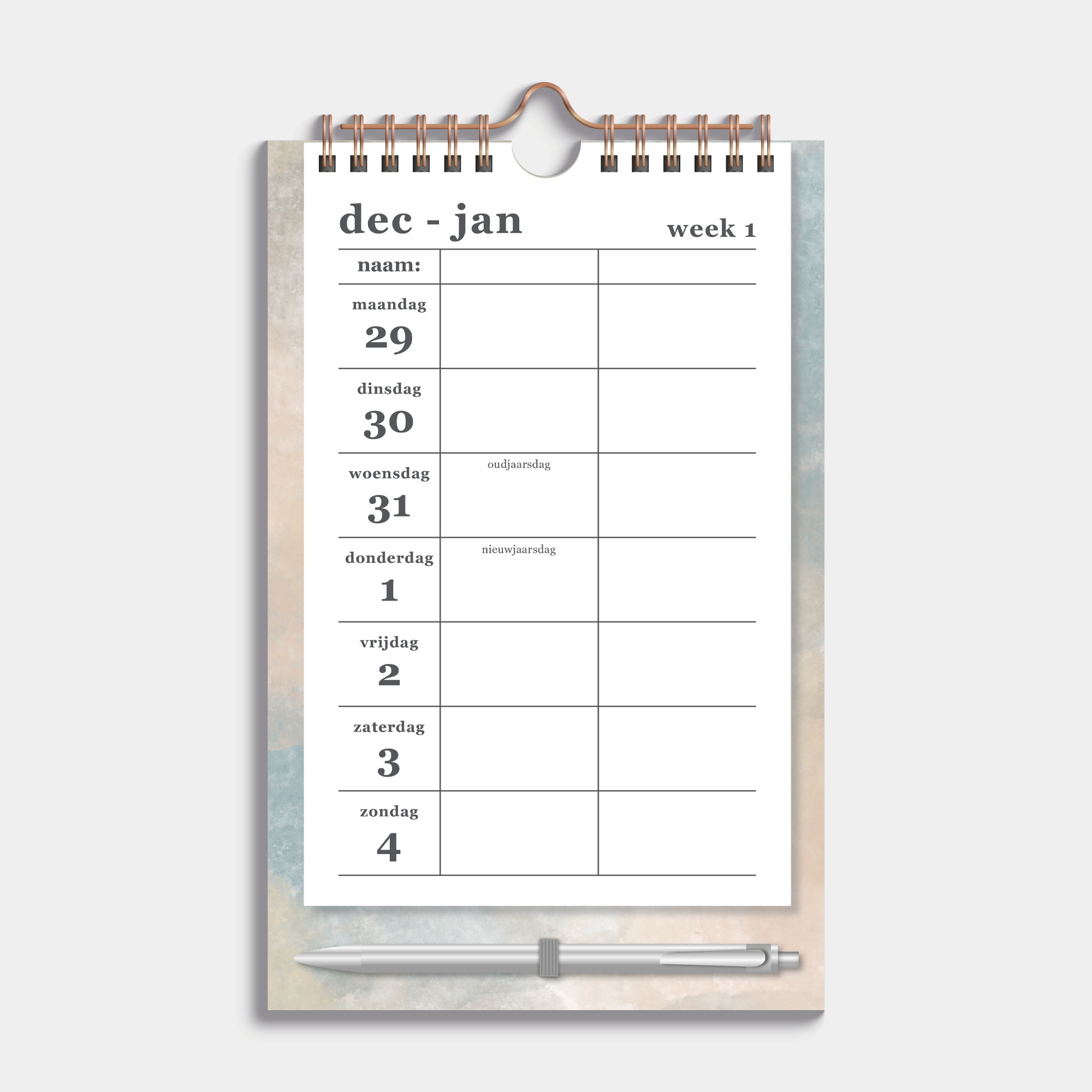 Duoplanner 2026 A5 met een dessin van aquarel in aardetinten op een kartonnen bord met pen – weekoverzicht.