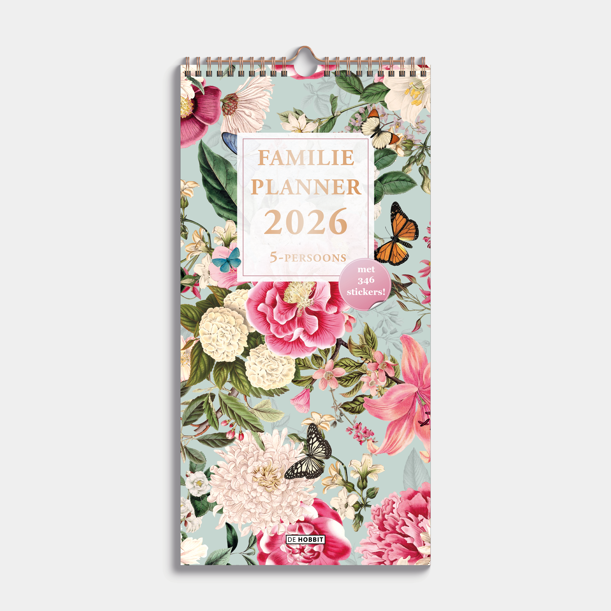 familieplanner 2026 in half A3 formaat met een brocante print van bloemen en vlinders – vooraanzicht.