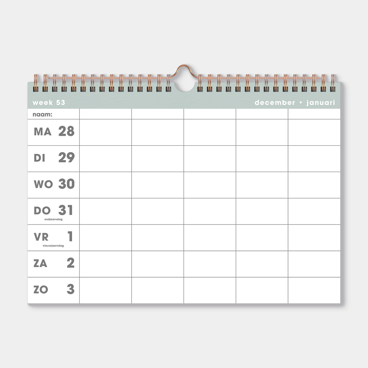 Familieplanner 2027 in A4 met grijsgroene accenten – binnenwerk met weekoverzicht.