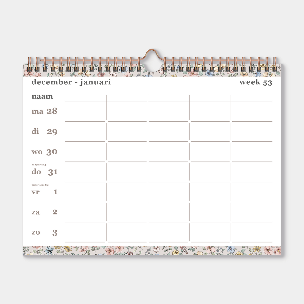 Familieplanner 2027 in A4 formaat met pastel bloemetjesprint en metalen spiraal voor 5 personen – binnenwerk met weekoverzicht.