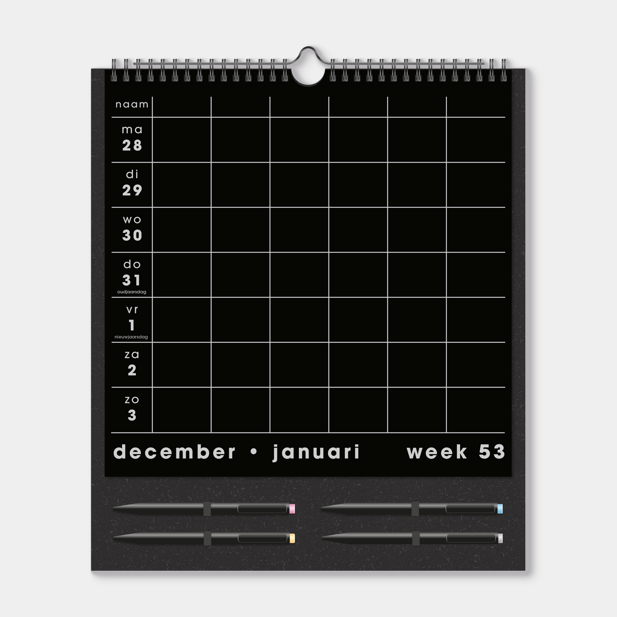 Familieplanner 2027 A3 voor 6 personen met zwart papier en 4 gekleurde markers – weekoverzicht.