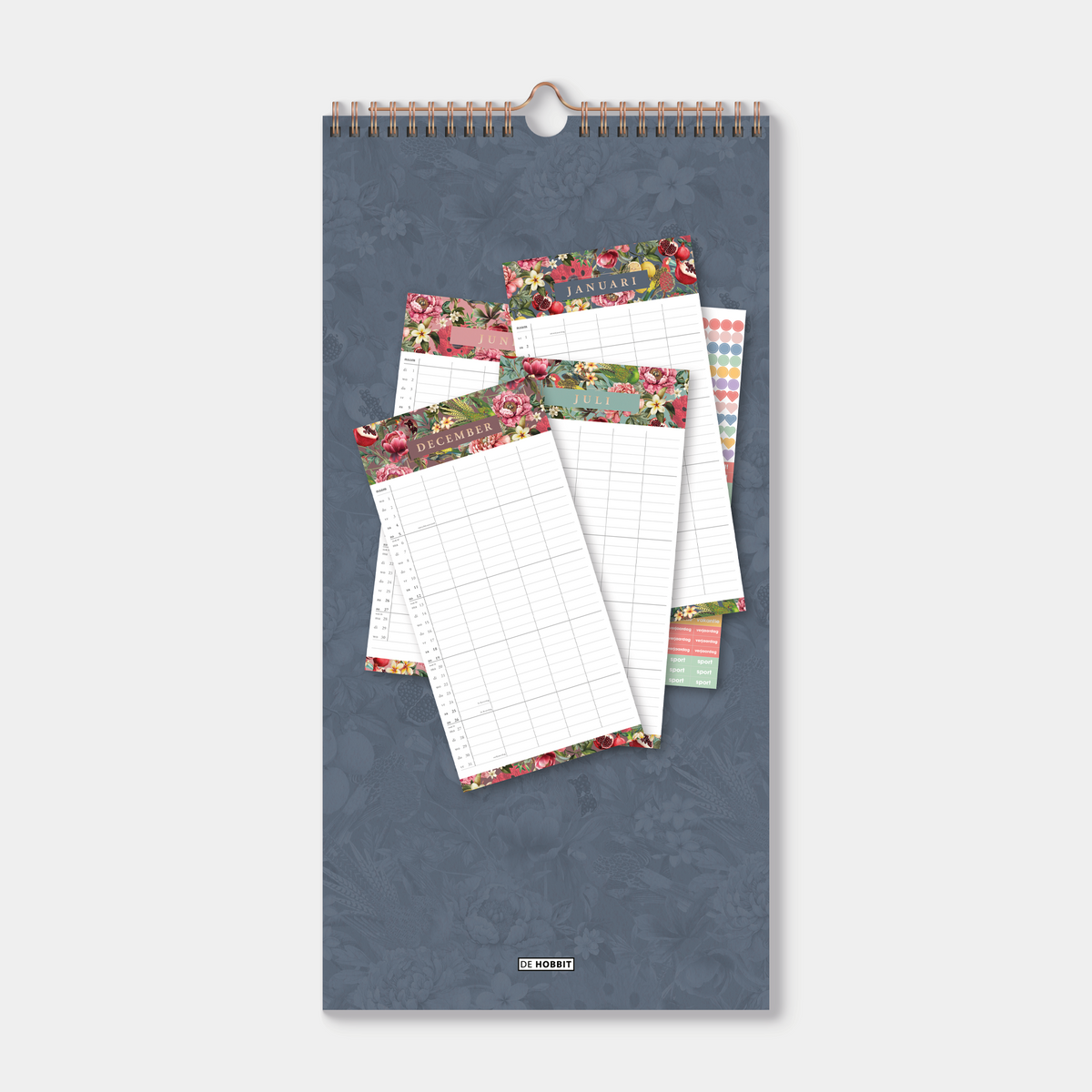 Familieplanner 2027 in half A3 formaat met een tropische print van fruit en bloemen – achteraanzicht.