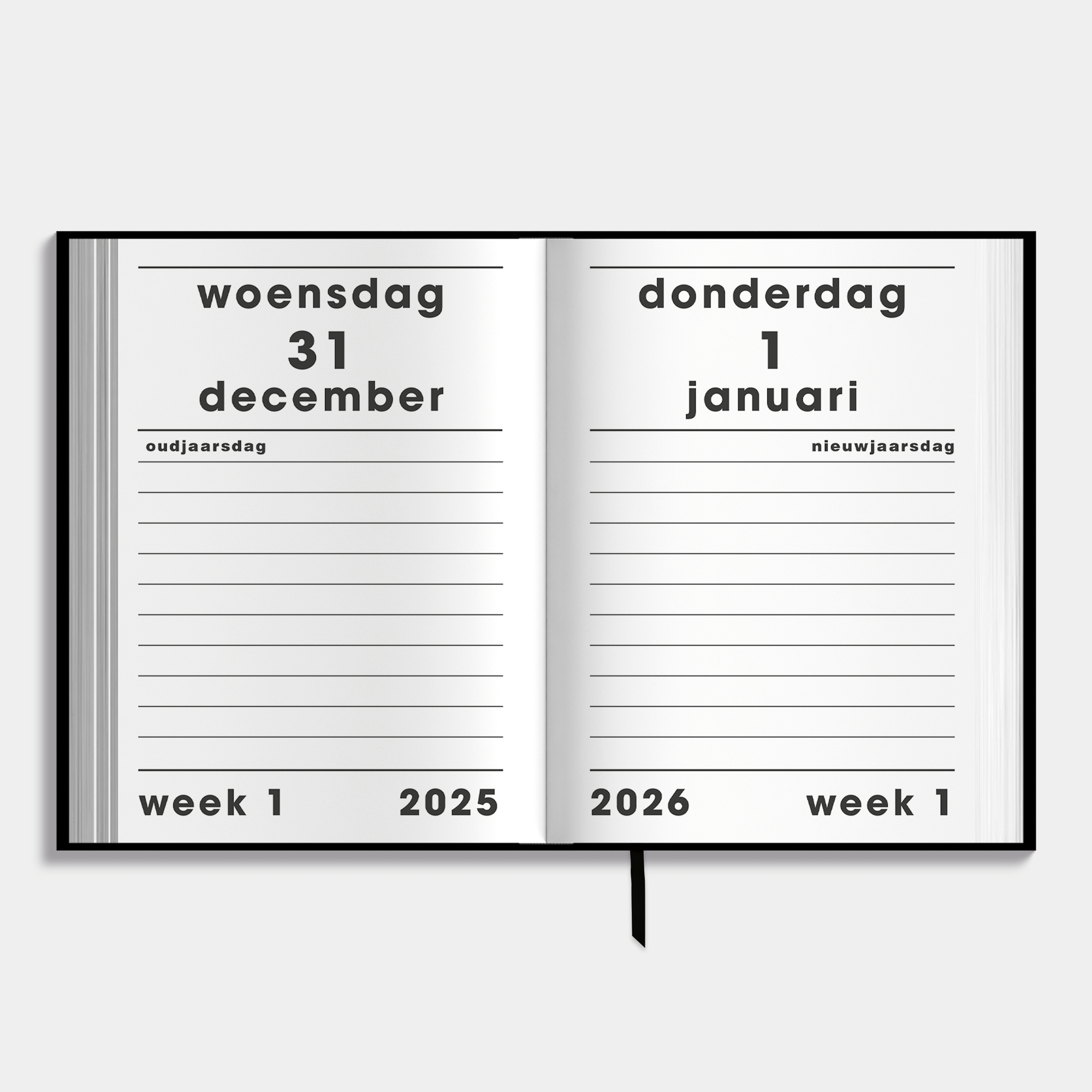 A5 grootletter dagagenda 2026 met zwarte, harde cover – binnenwerk met dagindeling.