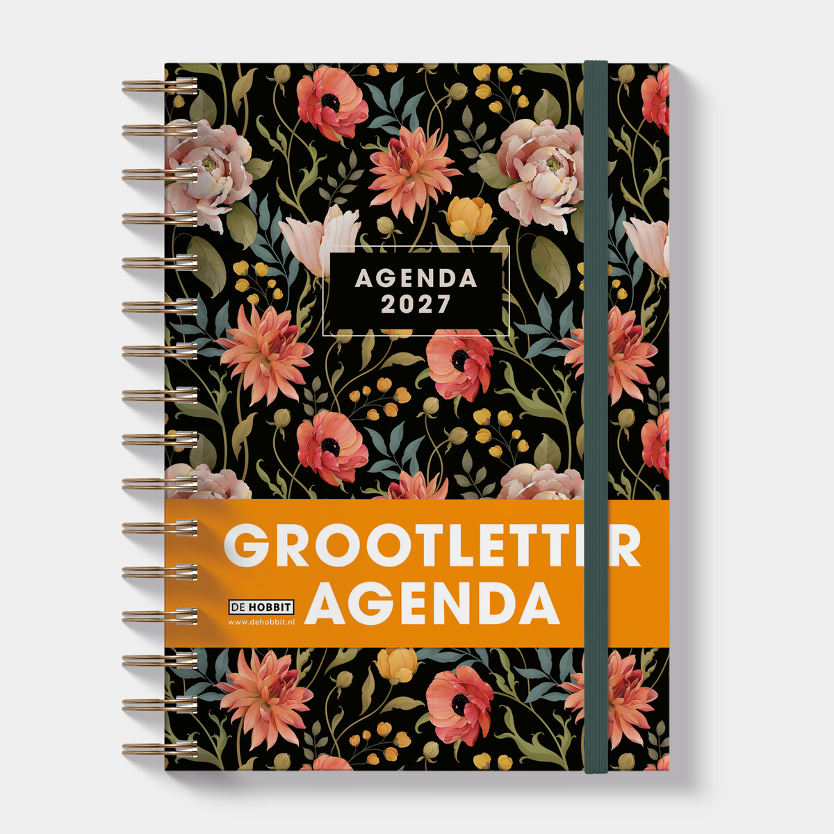 A5 ringband grootletter agenda 2027 met een print van klaprozen, lelies en dahlia's op een donkere achtergrond – vooraanzicht met oranje banderol.
