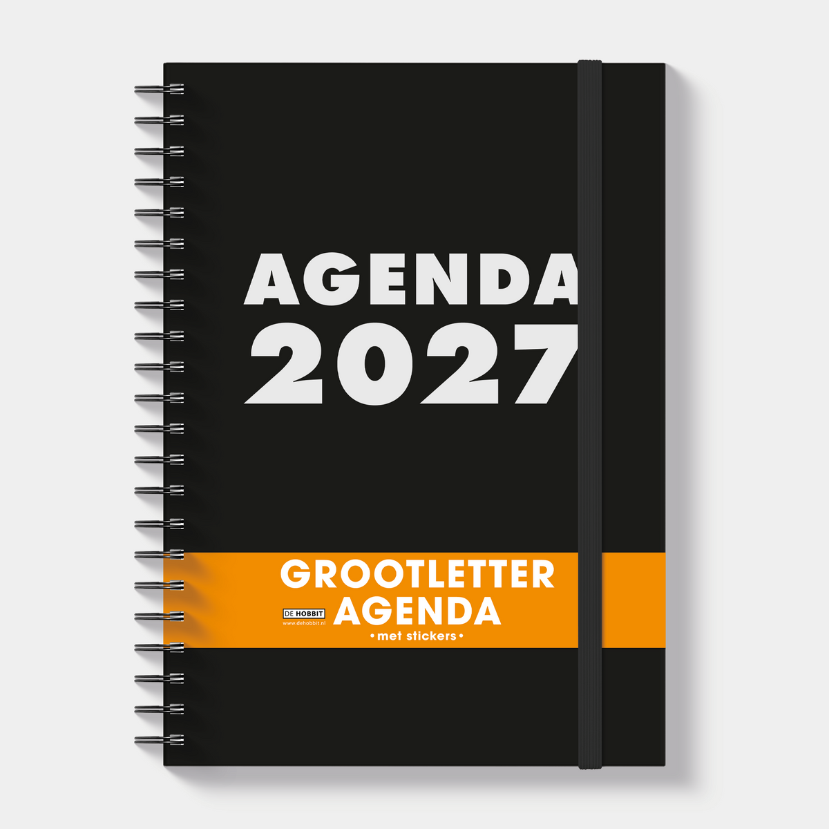 A4 ringband grootletter agenda 2027 met zwarte, harde cover – vooraanzicht met oranje banderol.