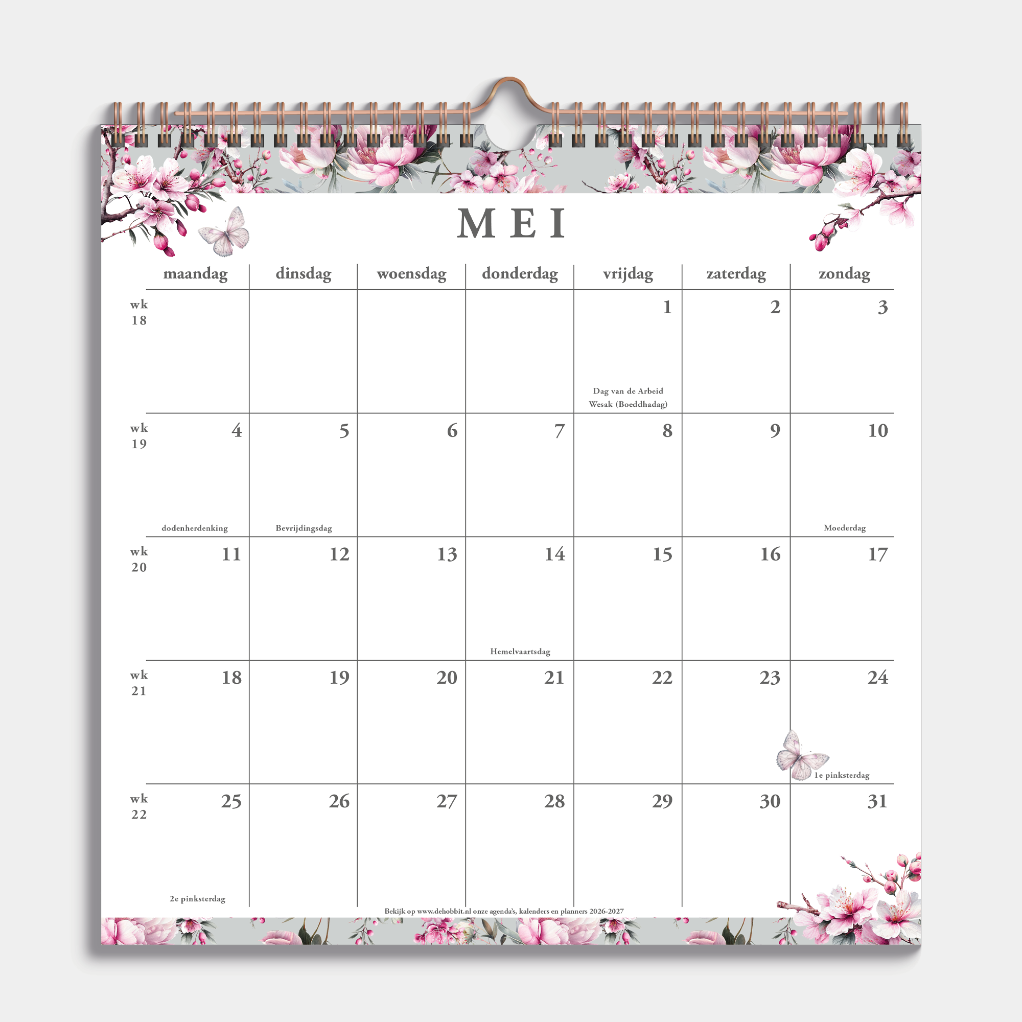 Spiraalgebonden jaarkalender 2026 met kersenbloesemprint – binnenwerk met maandoverzicht.