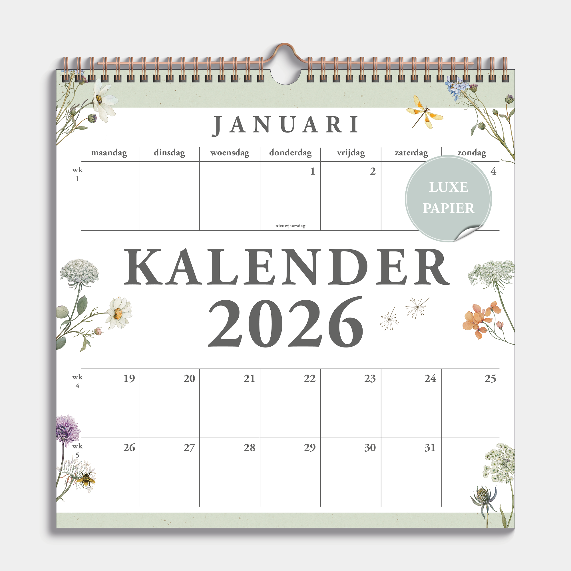 Spiraalgebonden jaarkalender 2026 met weidebloemenprint op luxe papier – vooraanzicht.