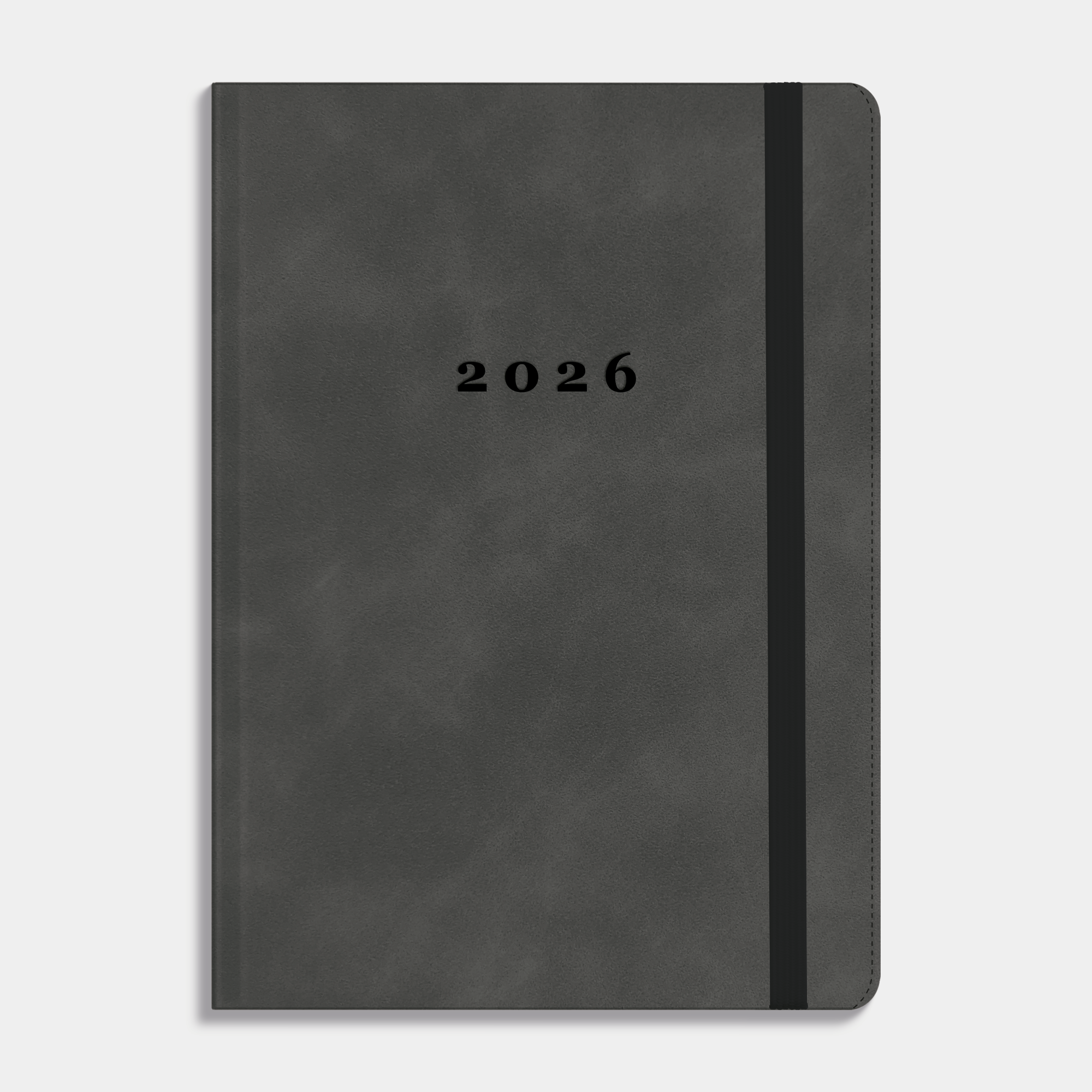 Luxe agenda 2026 A5 met gewolkte grijze suèdelook afwerking, harde cover en elastische sluiting – vooraanzicht.