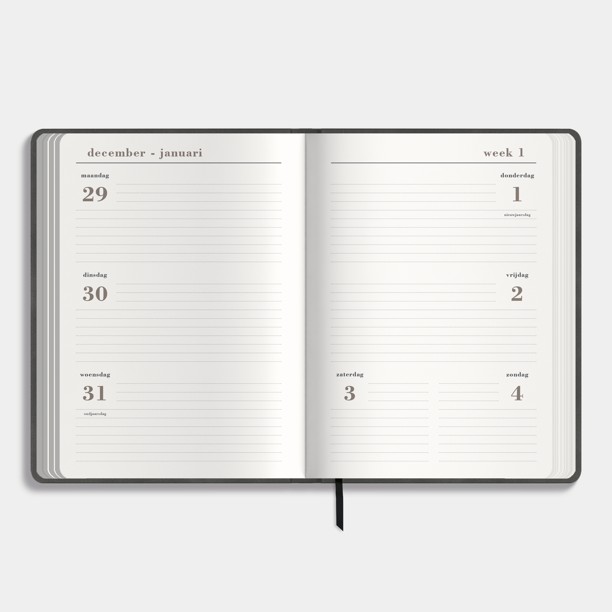 Luxe agenda 2026 A5 met gewolkte grijze suèdelook afwerking – binnenwerk met weekoverzicht.