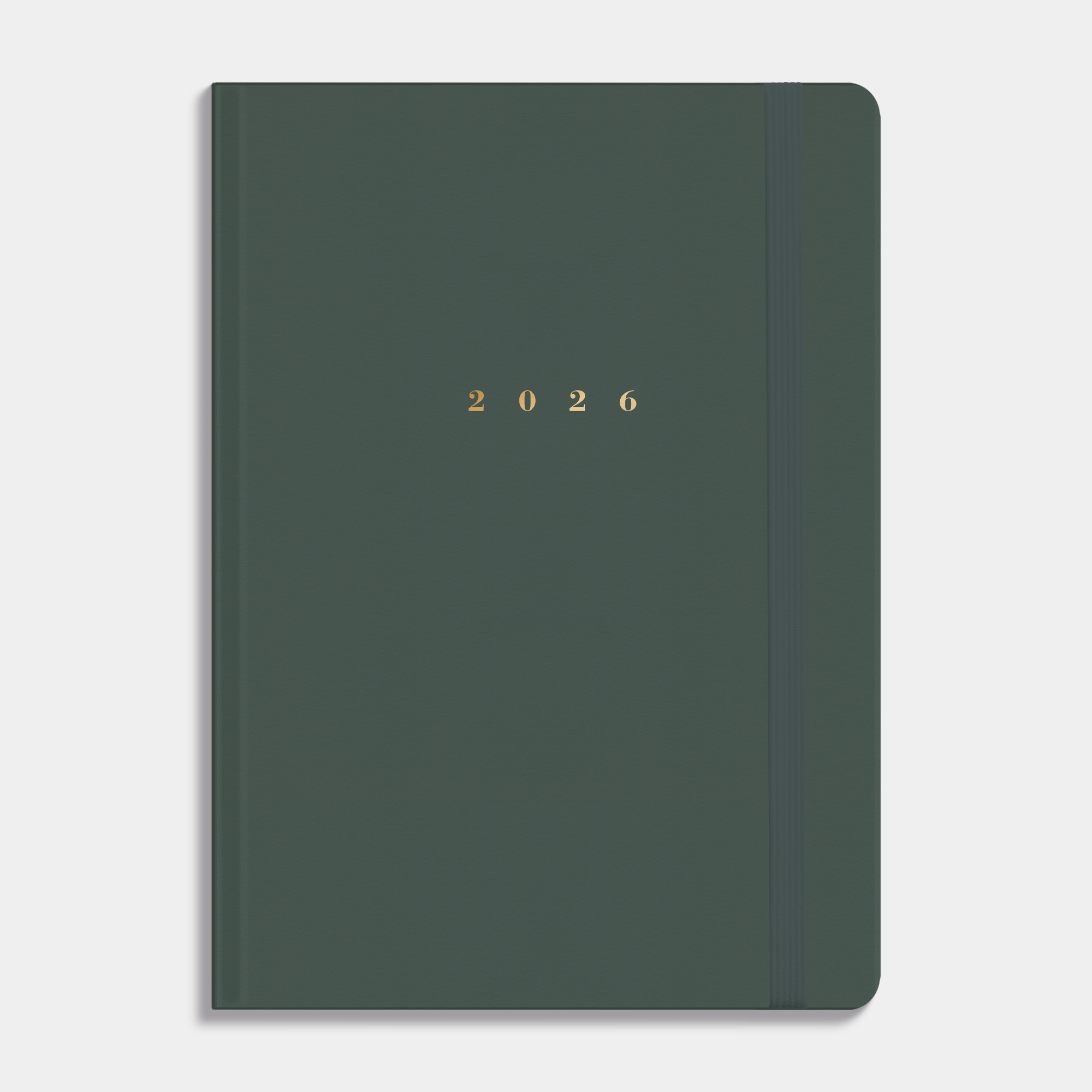 Luxe agenda 2026 A5 met donkergroene suèdelook afwerking, harde cover en elastische sluiting – vooraanzicht.