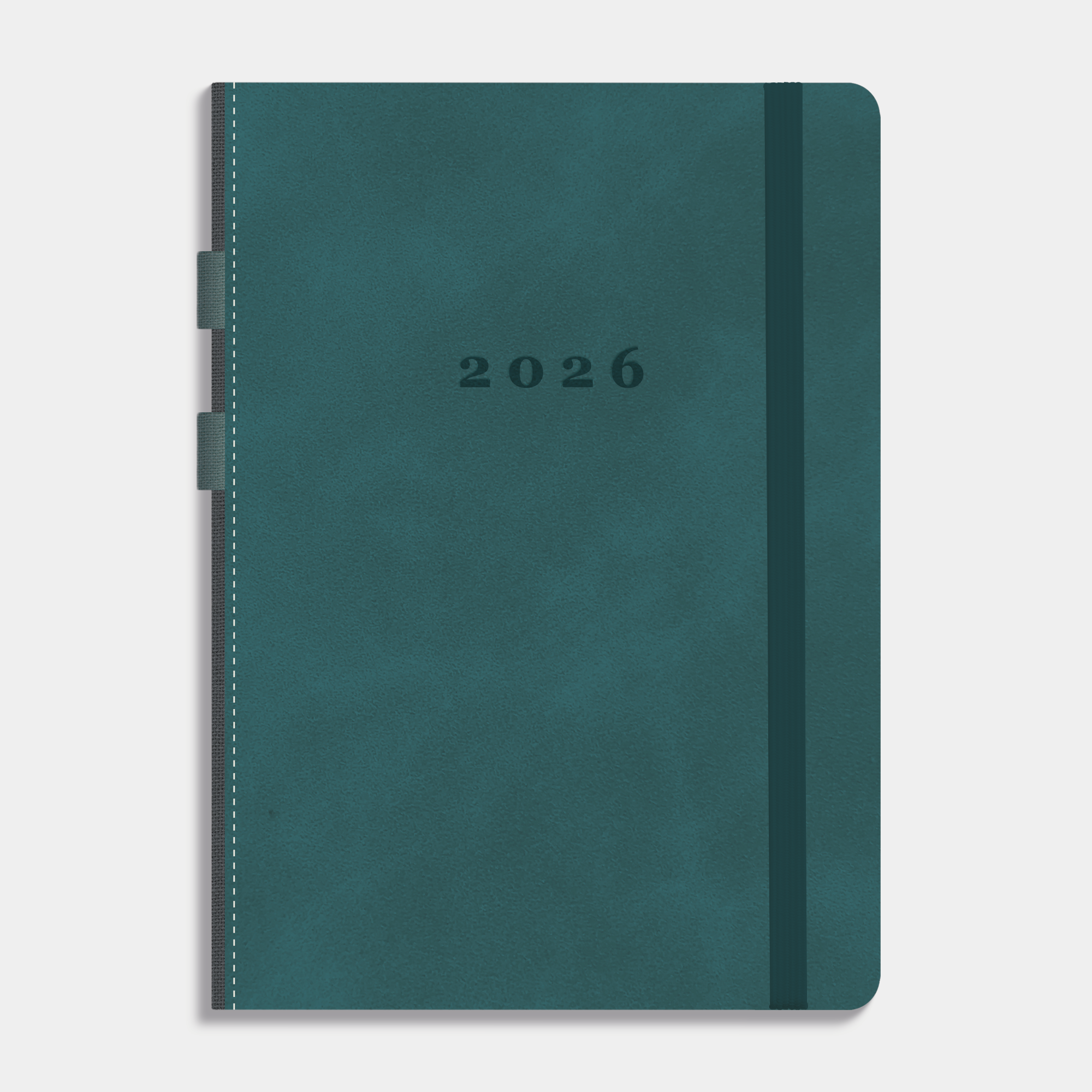 Luxe agenda 2026 A5 met tealkleurig suèdelook afwerking, harde cover, elastische sluiting en pennenlussen – vooraanzicht.
