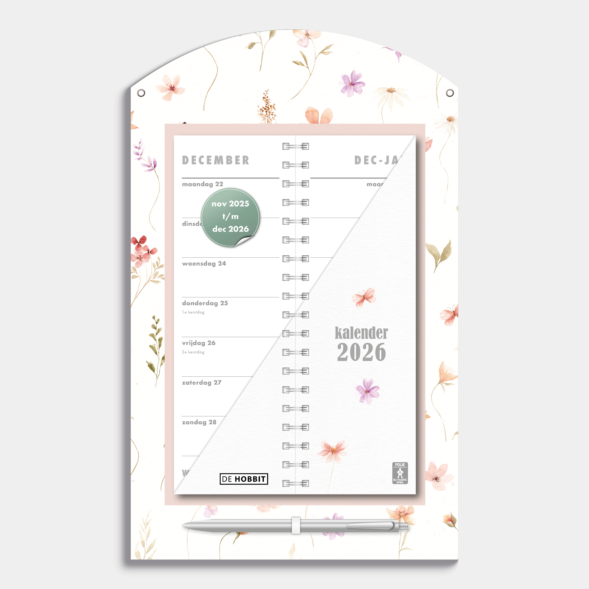 Luxe omslagkalender 2026 met 2-weeks overzicht op een kartonnen bord met print van kleine bloemetjes, voorzien van een pen en ophangkoord – vooraanzicht.