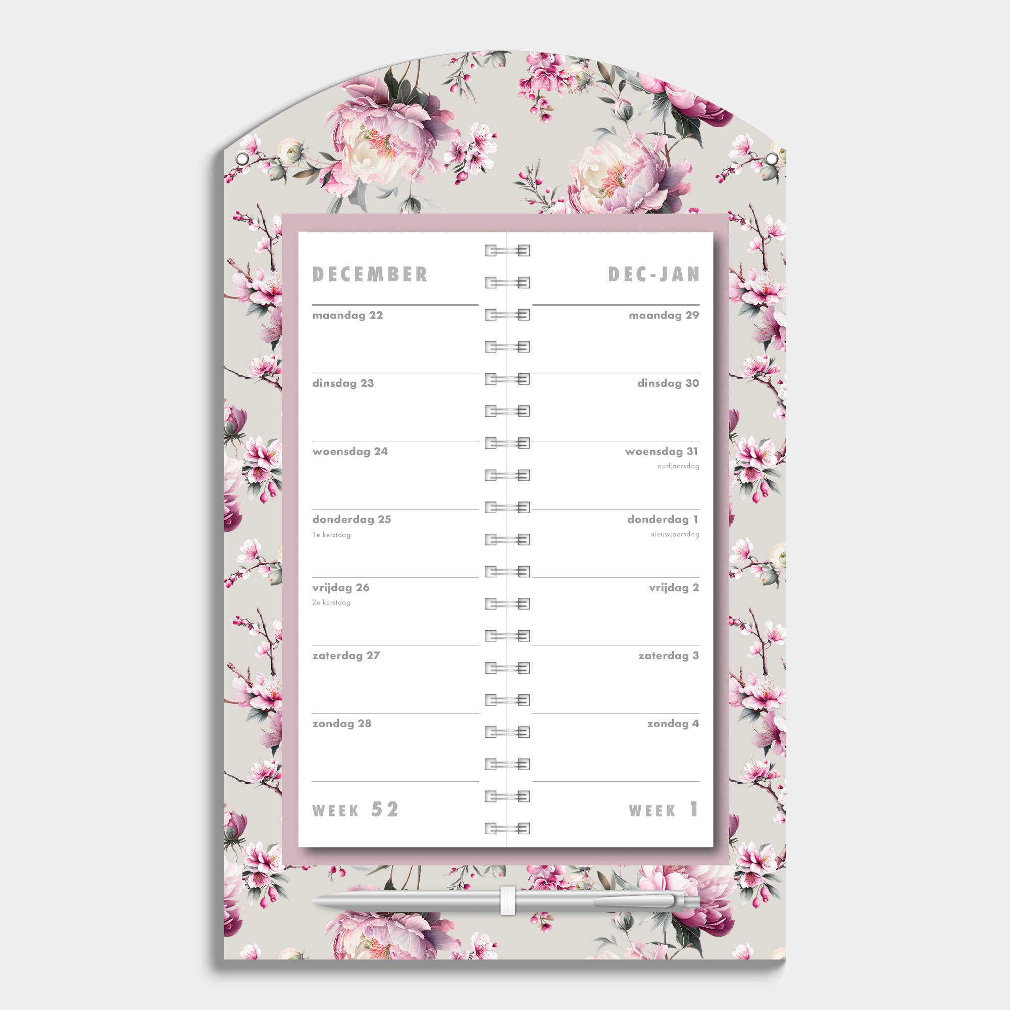 Luxe omslagkalender 2026 met kersenbloesemprint – binnenwerk met 2 weeks overzicht.