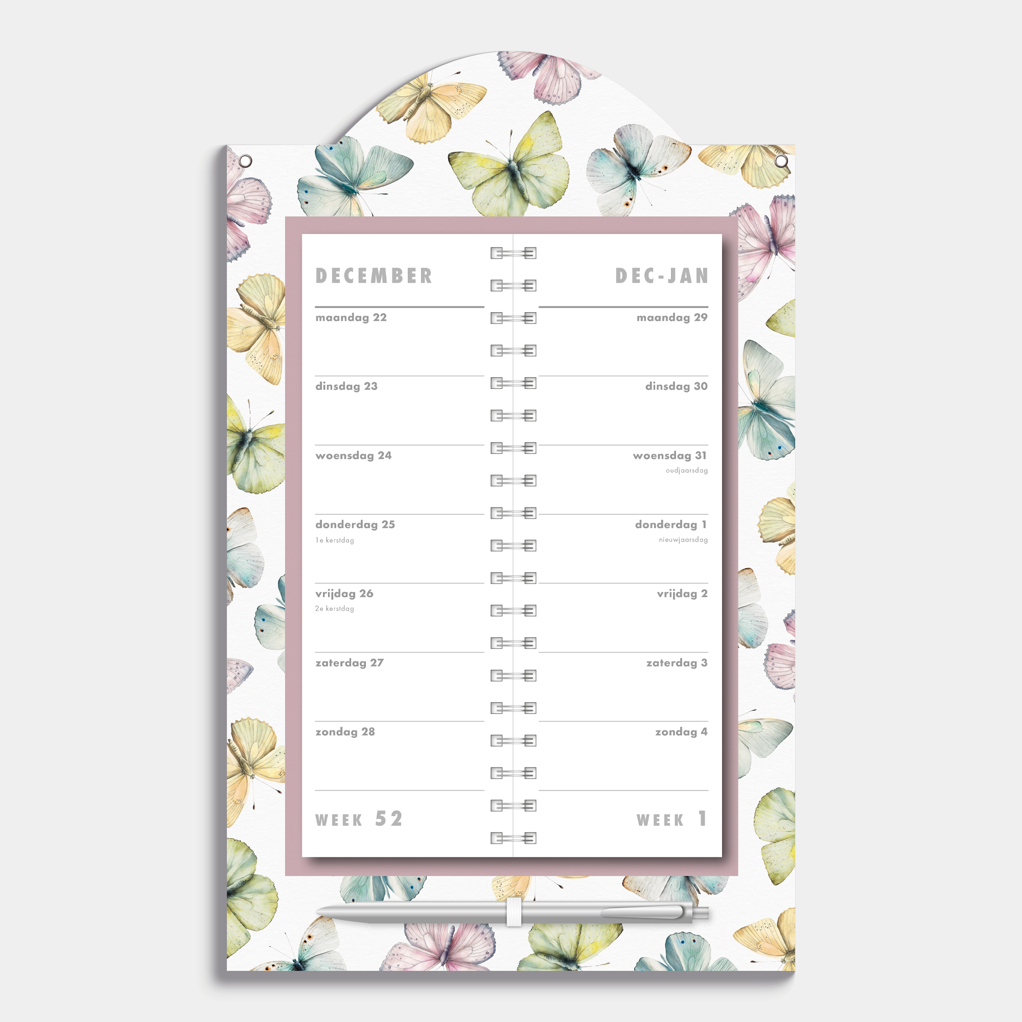 Luxe omslagkalender 2026 met 2-weeks overzicht met vlindermotief – binnenwerk met 2 weeks overzicht.