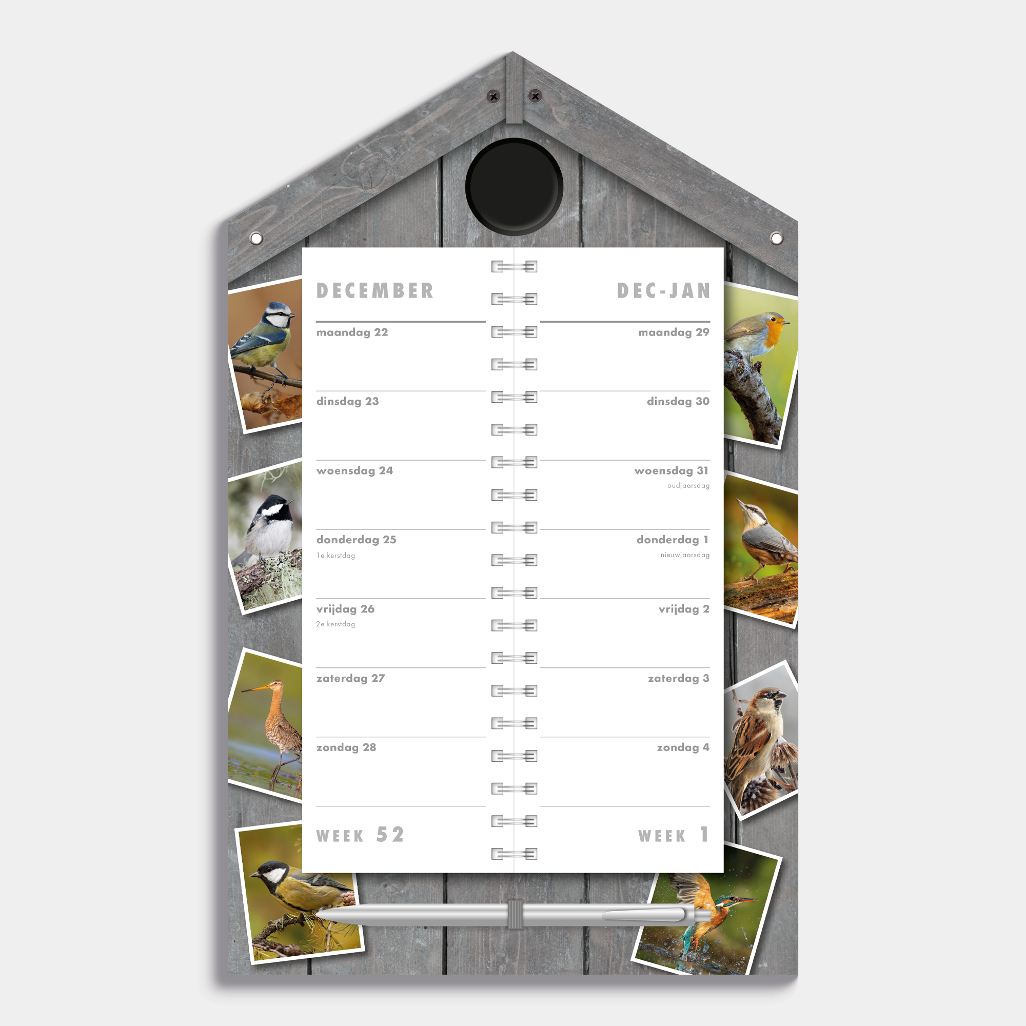 Luxe omslagkalender 2026 in de vorm van een vogelhuisje – binnenwerk met 2 weeks overzicht.