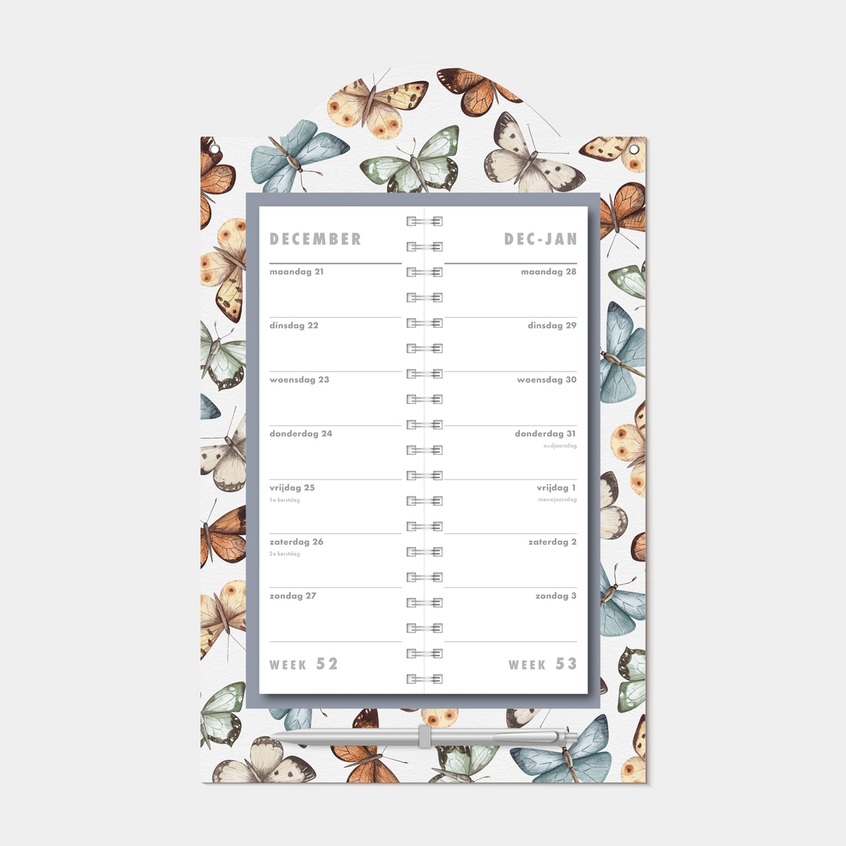 Luxe omslagkalender 2027 met 2-weeks overzicht met vlindermotief – binnenwerk met 2 weeks overzicht.