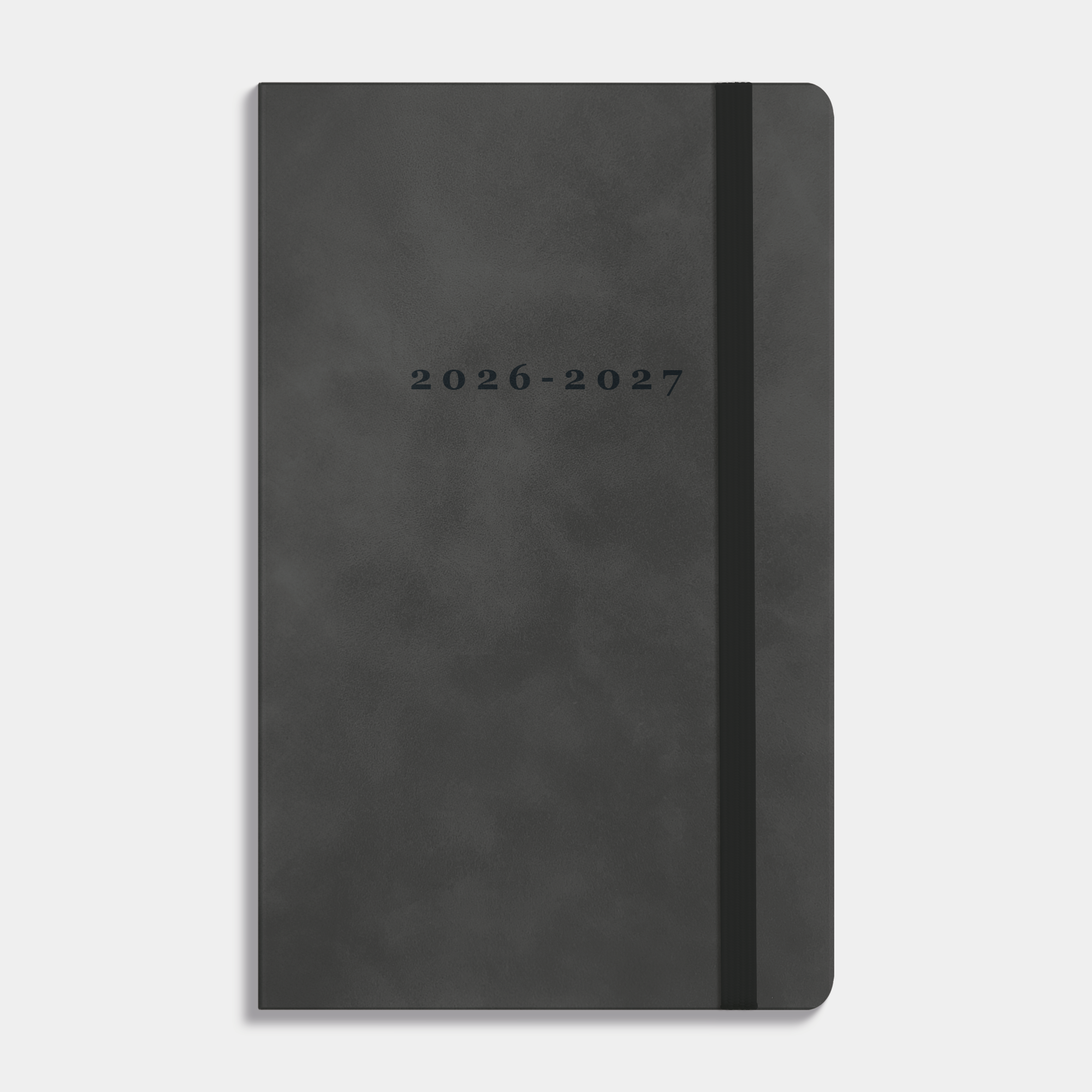luxe zakagenda 2026-2027 met een antraciet suèdelook afwerking, harde cover en elastische sluiting – vooraanzicht.