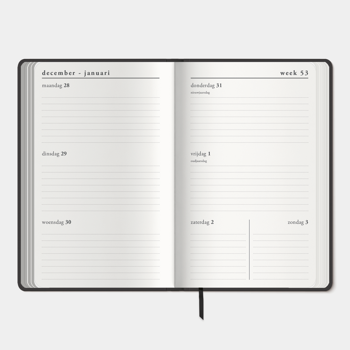 A6 agenda 2027 met suèdelook cover in antraciet – binnenwerk met weekoverzicht.