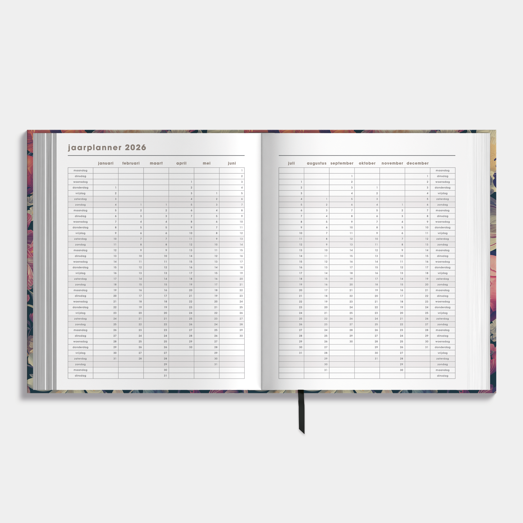 Luxe weekplanner 2026-2027 in A5+ formaat met klassiek dessin van grote bloemen – jaarplanner.