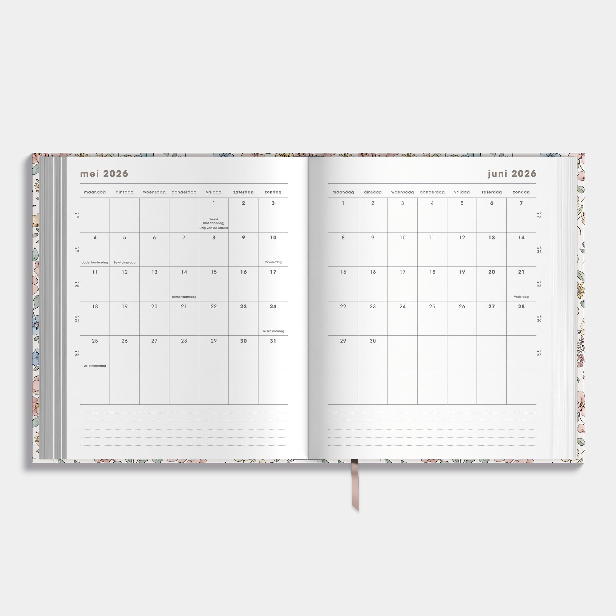 Luxe weekplanner 2026-2027 met dessin van kleine bloemetjes in pasteltinten – maandplanner.