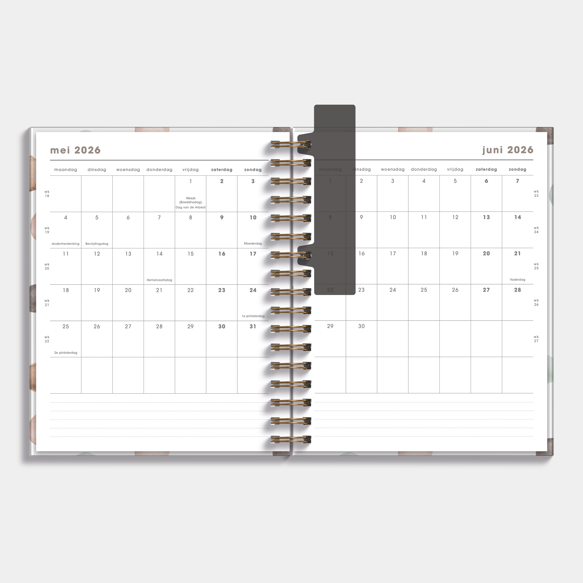 Luxe weekplanner 2026-2027 in A5+ formaat met een dessin van waterverf stippen – maandplanner.