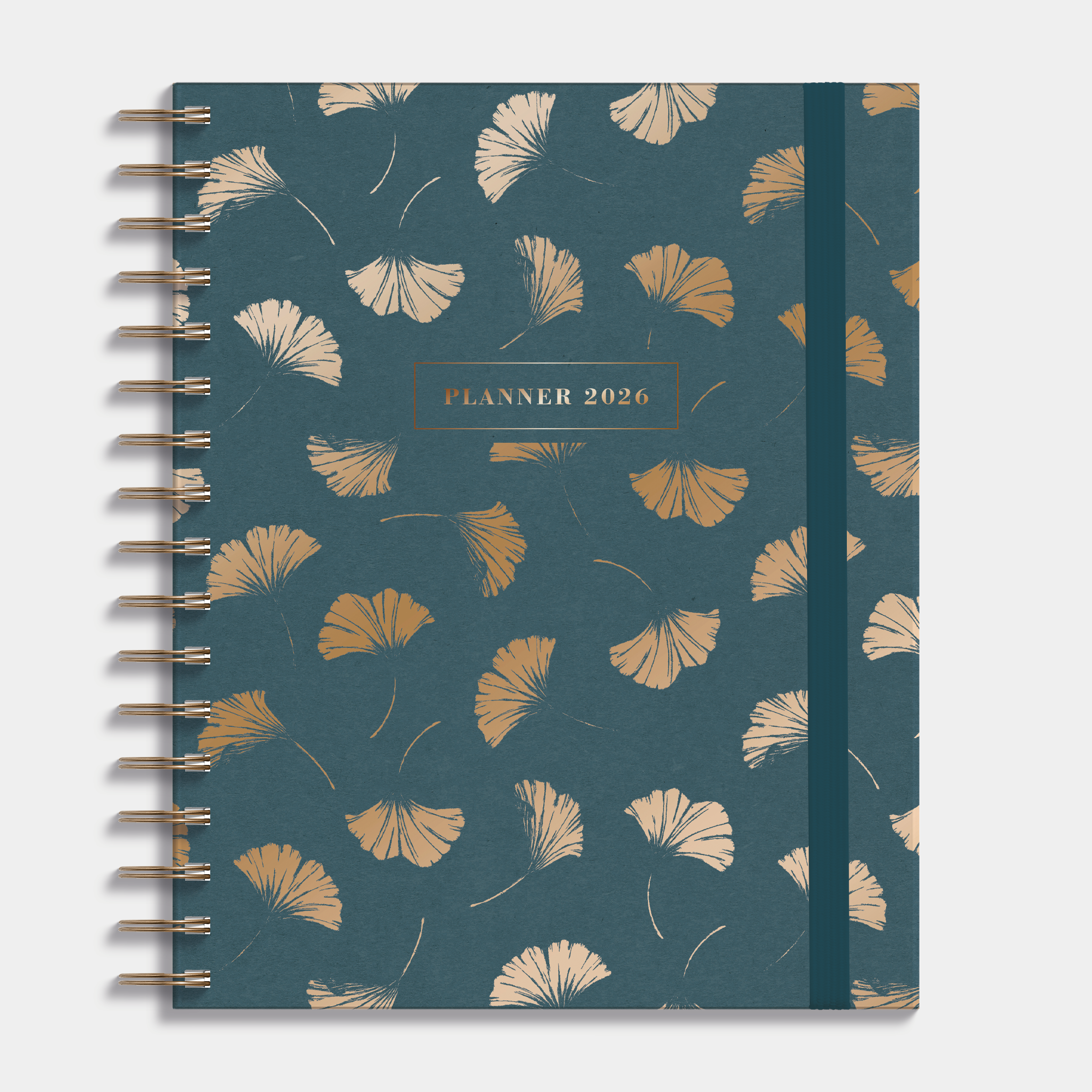luxe weekplanner 2026 met ontwerp van goudfolie ginkgo bladeren op een donkergroene achtergrond, harde cover en elastische sluiting – vooraanzicht.