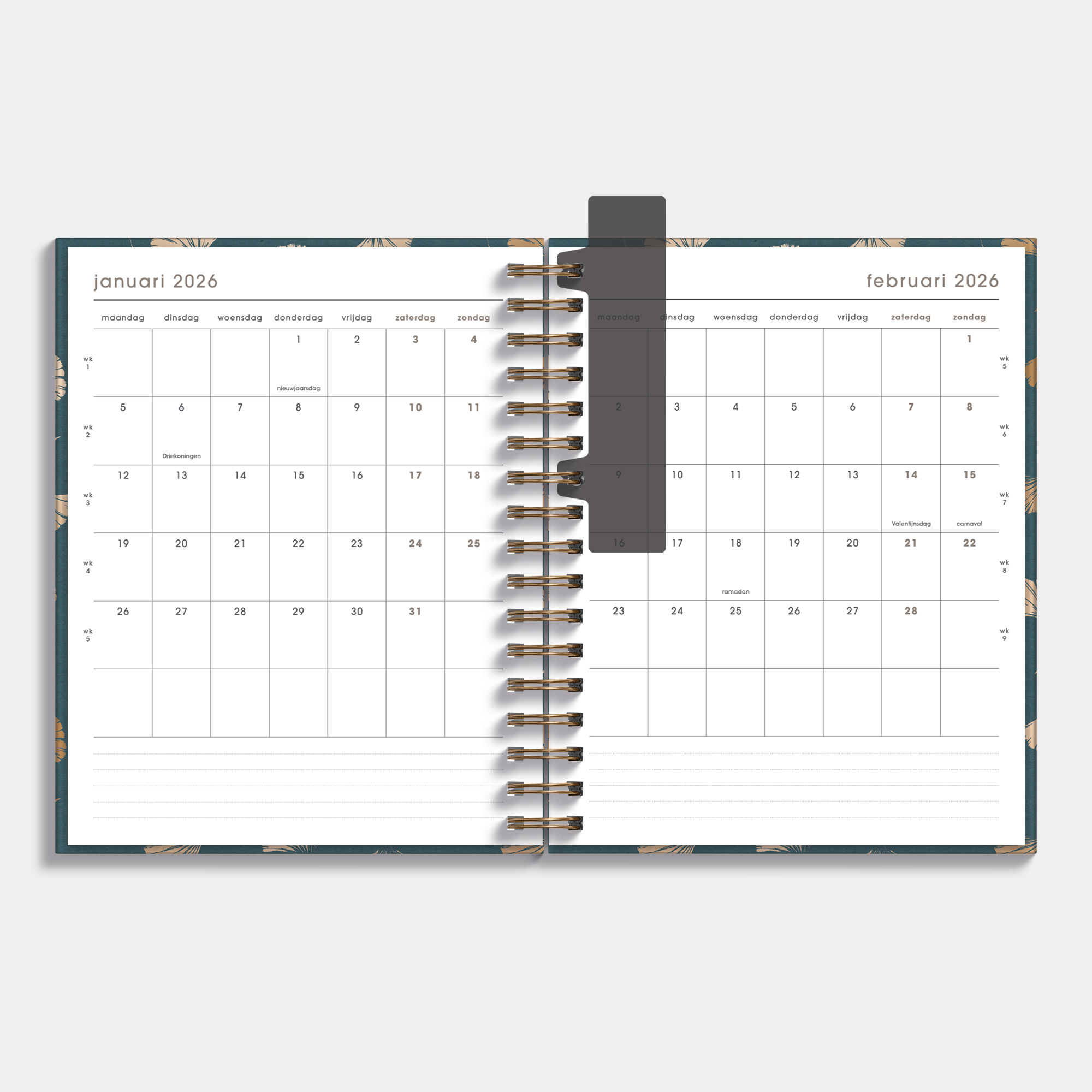 luxe weekplanner 2026 met ontwerp van goudfolie ginkgo bladeren – binnenwerk met maandplanner.