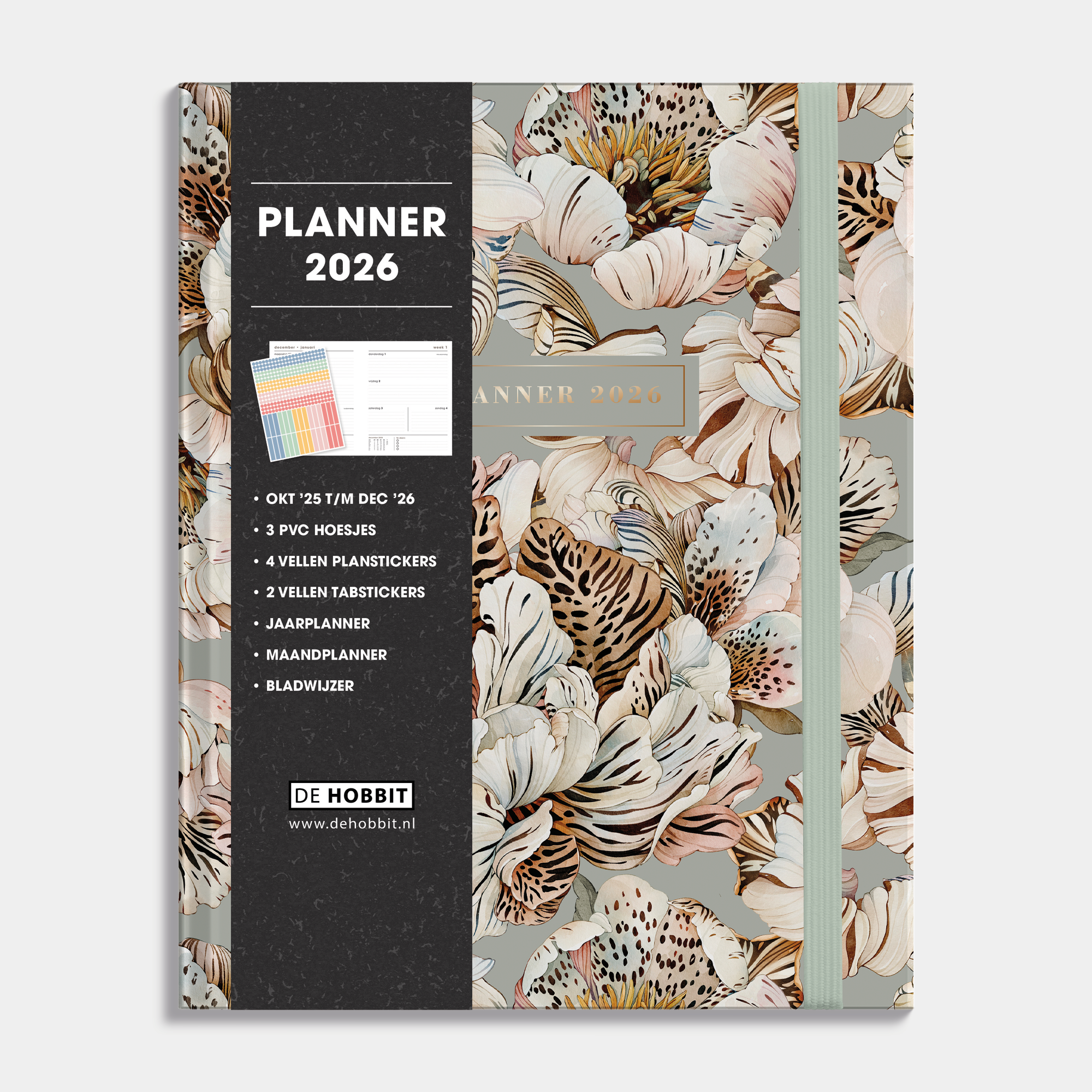 luxe weekplanner 2026 met print van tijgerlelies, harde cover en elastische sluiting – vooraanzicht met informatieve banderol.