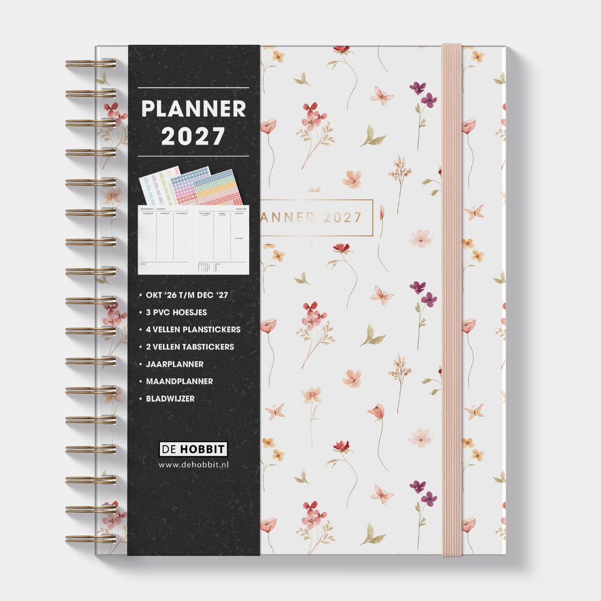 luxe weekplanner 2027 met lieve print van aquarel bloemetjes, harde cover en elastische sluiting – vooraanzicht met informatieve banderol.