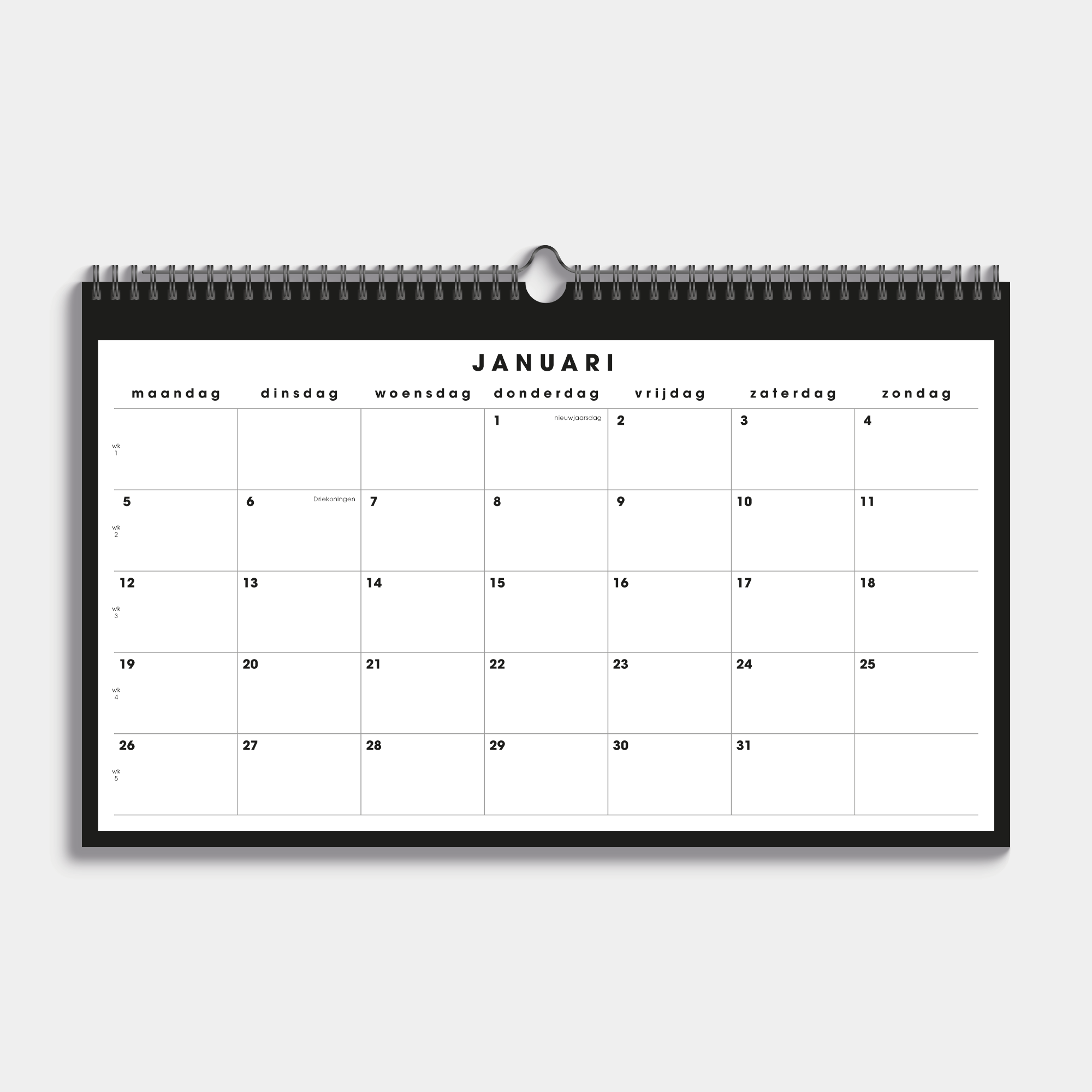 maandkalender 2026 in bijna A3 formaat uitgevoerd in zwart en wit met een metalen spiraal – maandoverzicht.