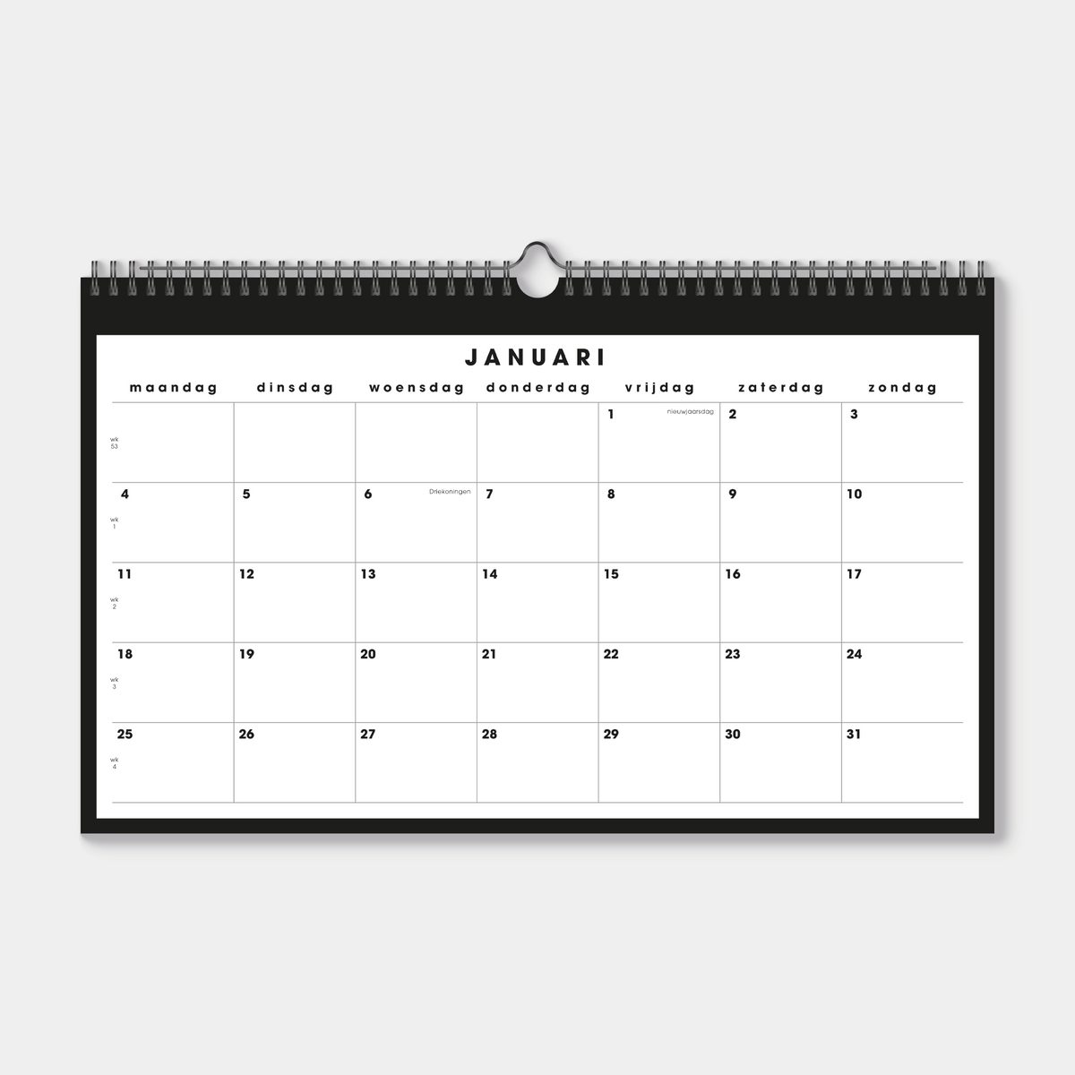 Maandkalender 2027 in bijna A3 formaat uitgevoerd in zwart en wit met een metalen spiraal – maandoverzicht.