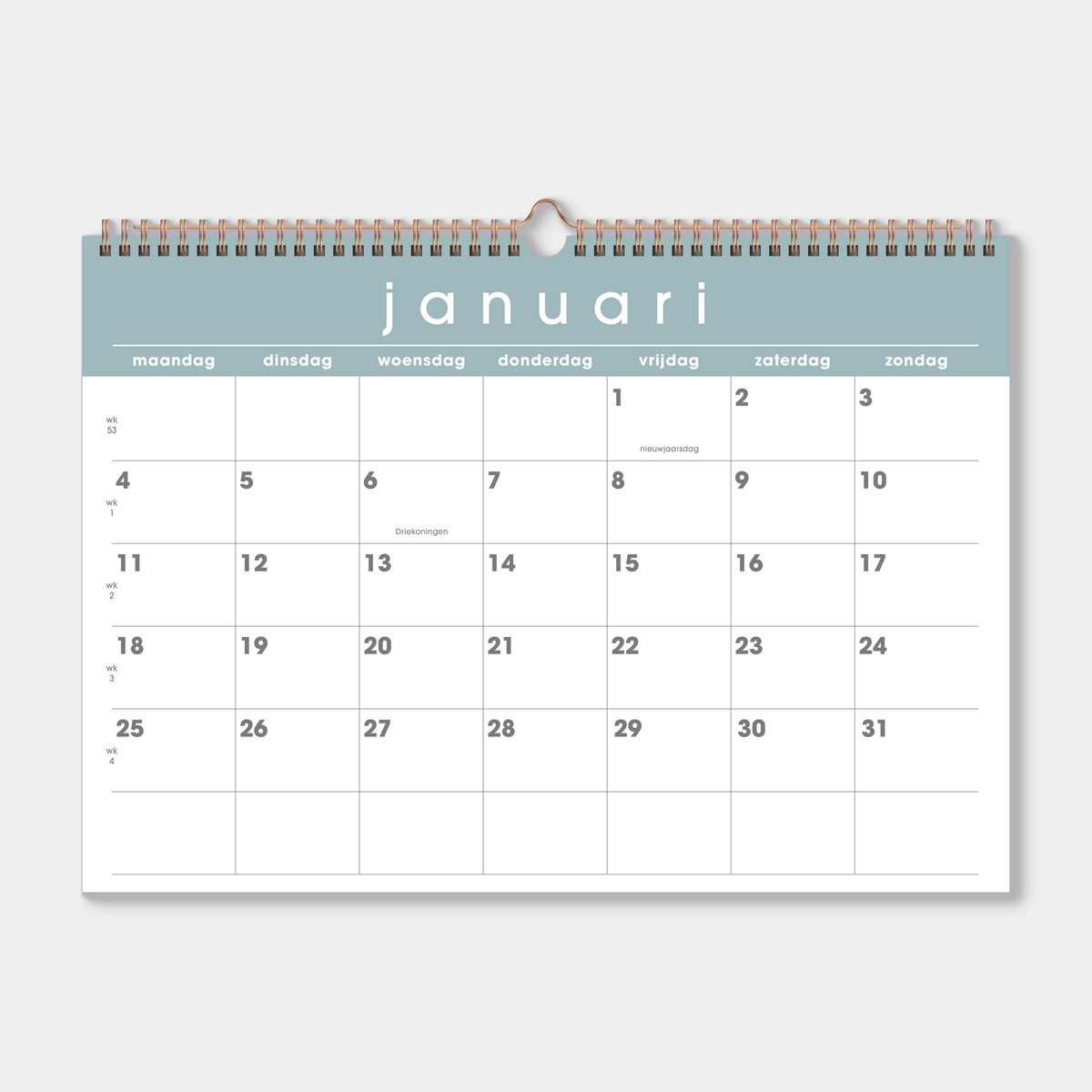 Maandkalender 2027 in A3 formaat met grijsgroene kleuraccenten en metalen spiraal – maandoverzicht.