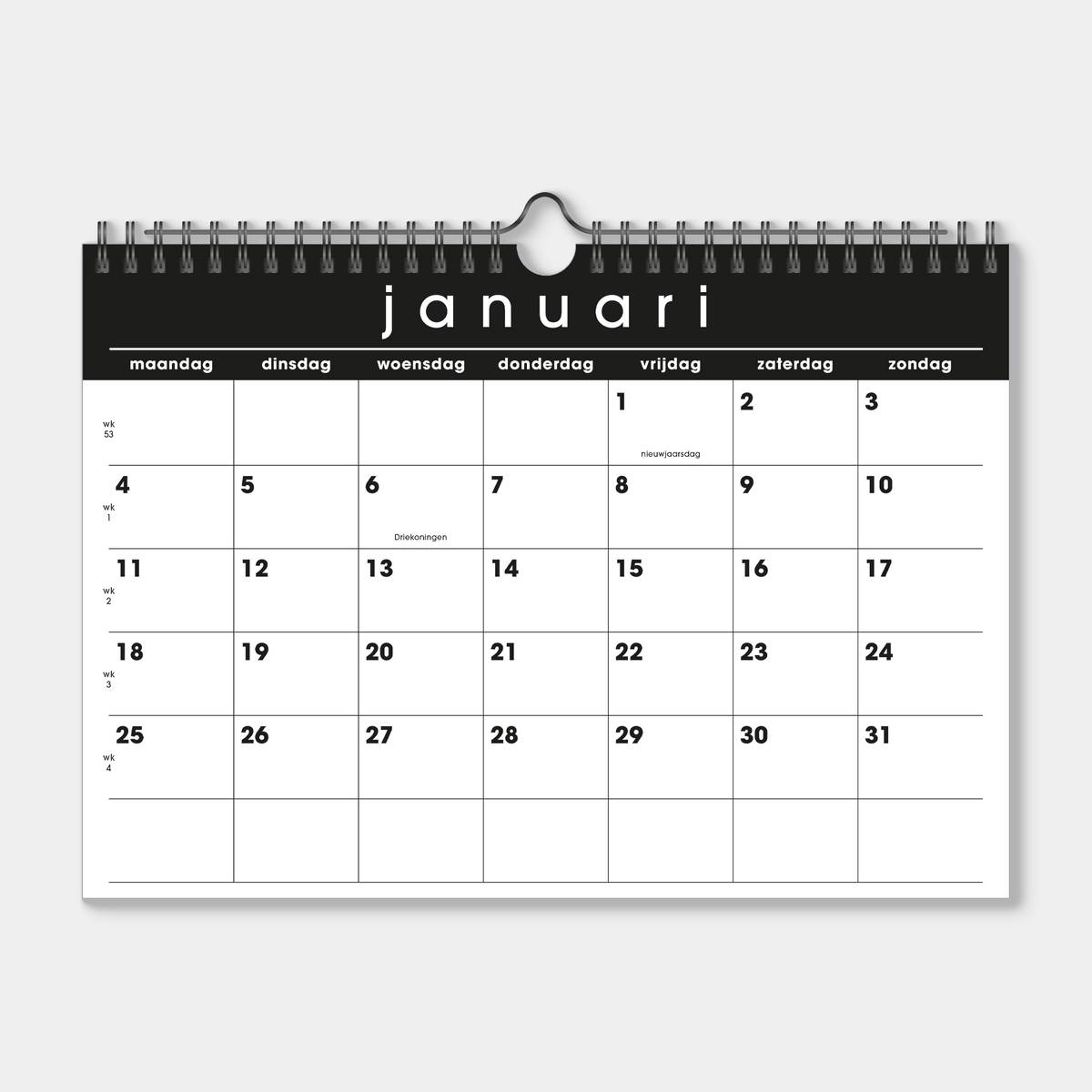 Maandkalender 2027 in A4 formaat uitgevoerd in basic zwart en wit met metalen spiraal – maandoverzicht.