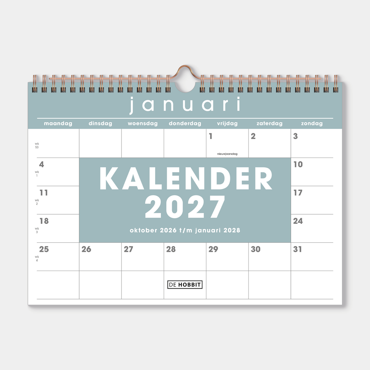 Maandkalender 2027 in A4 formaat met grijsgroene accenten en metalen spiraal – vooraanzicht.