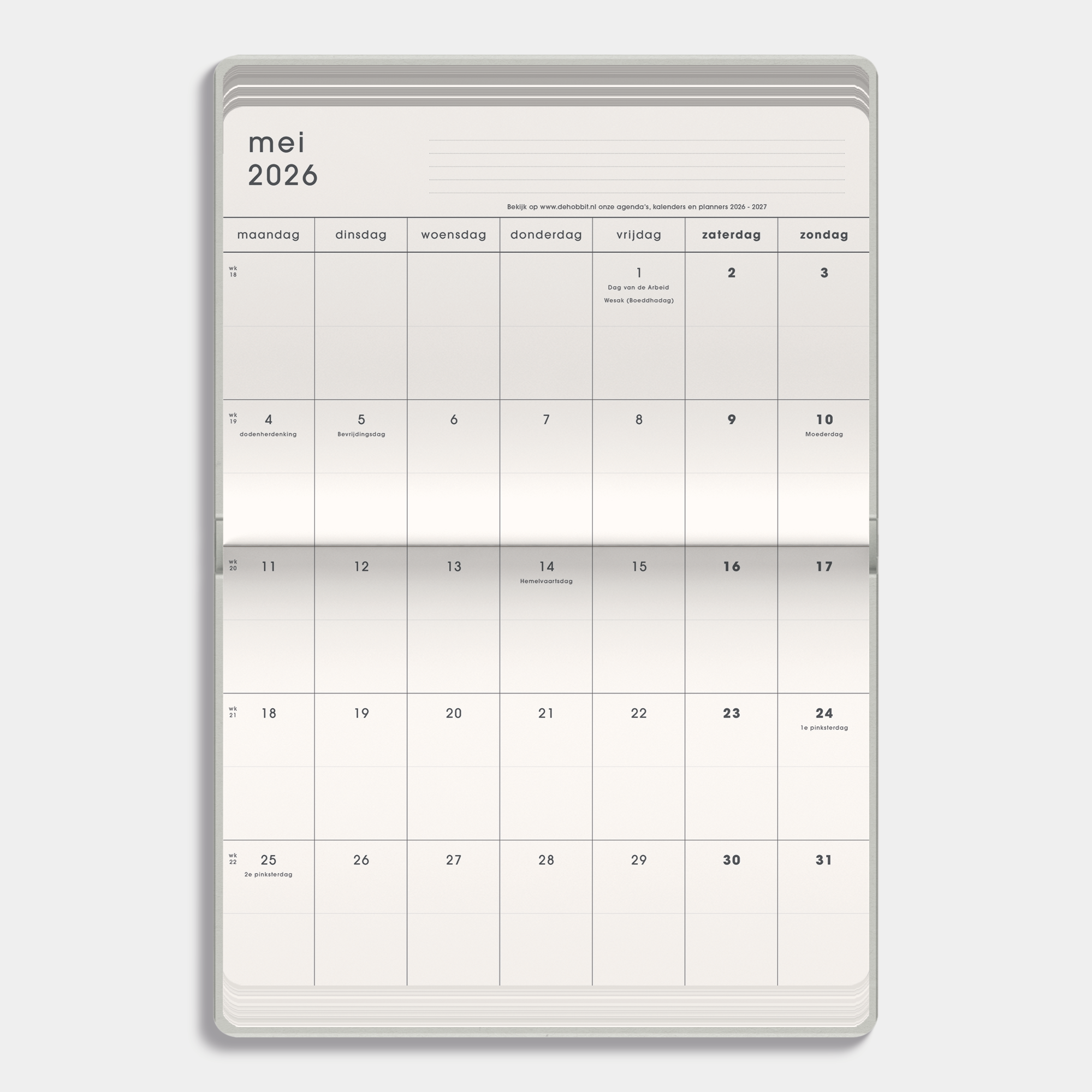 Maandplanner 2026-2027 A5 met een flexibele lichtgrijze coverhoes, binnenwerk met maandoverzicht.