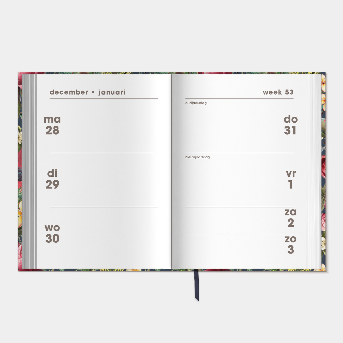 kleine agenda 2027 met tropische print van fruit en tropische planten op een harde cover – binnenwerk met weekoverzicht.