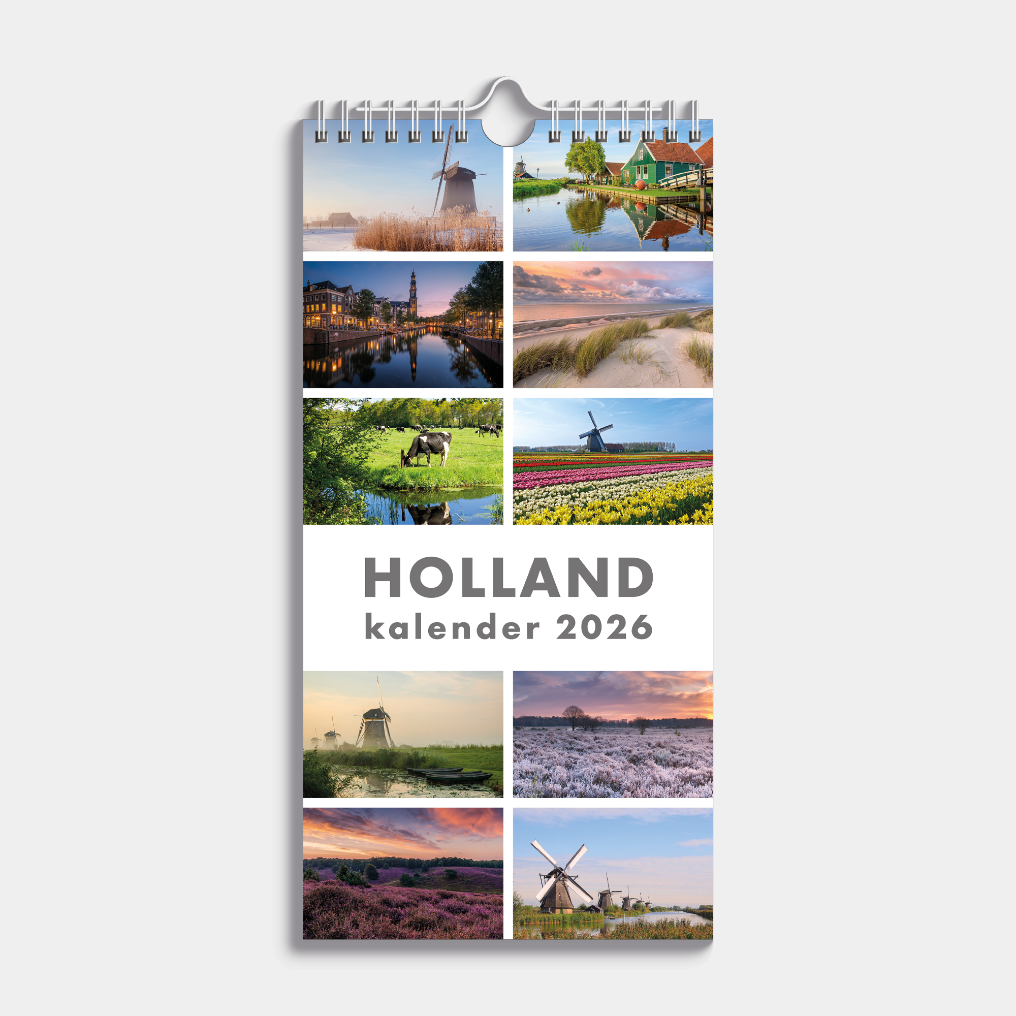 Kleine spiraalgebonden jaarkalender 2026 met afbeeldingen van Hollandse taferelen – vooraanzicht.