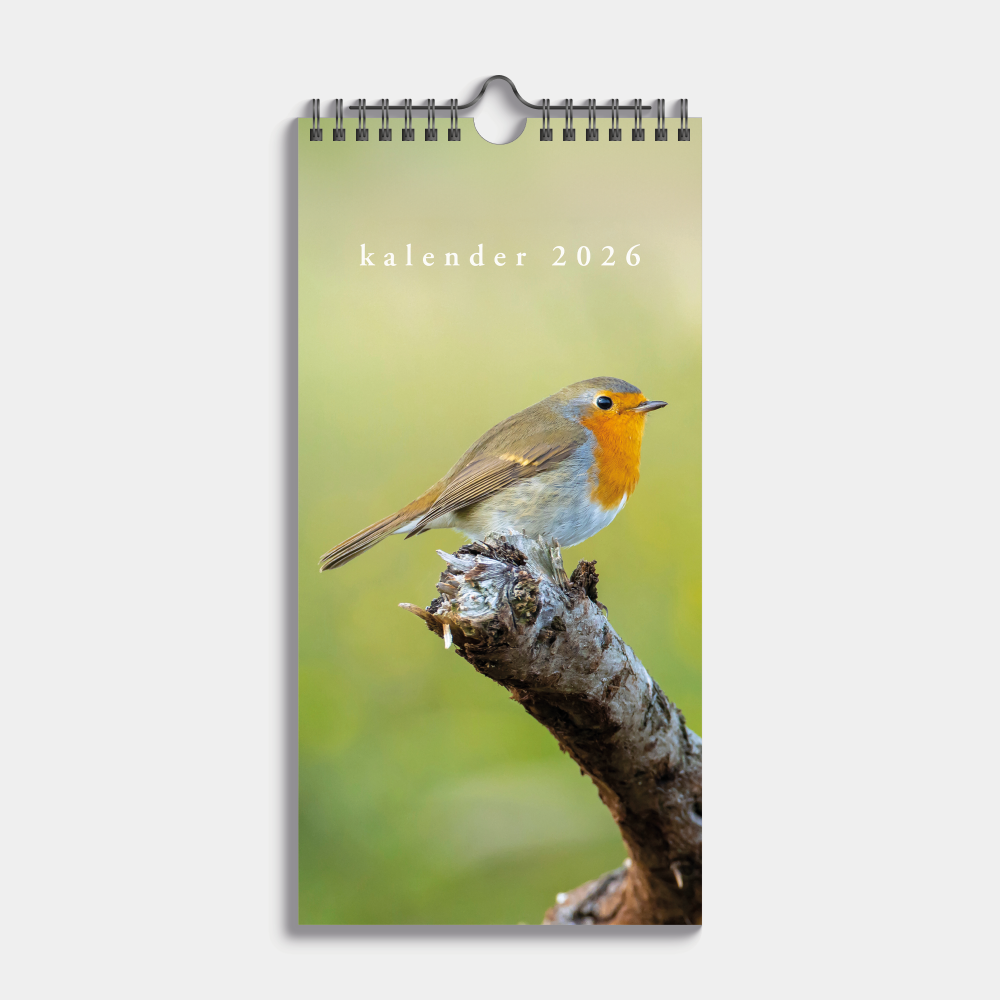 Kleine spiraalgebonden jaarkalender 2026 met afbeeldingen van vogels – vooraanzicht.