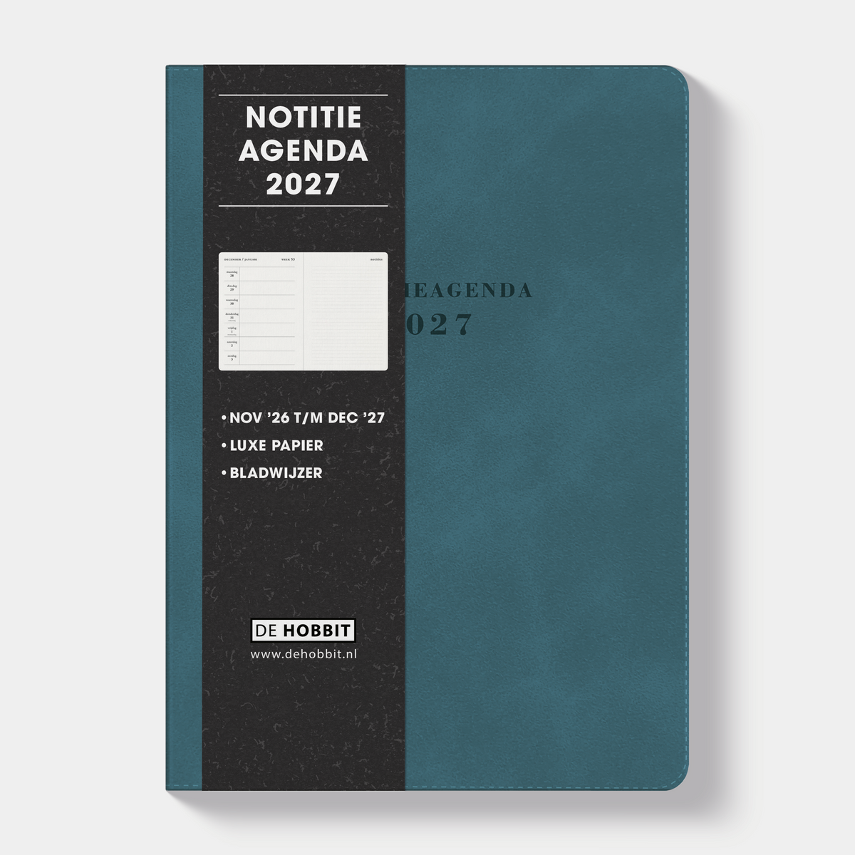 A5 notitieagenda 2027 met een flexibele tealkleurige suèdelook afwerking – vooraanzicht met informatieve banderol.