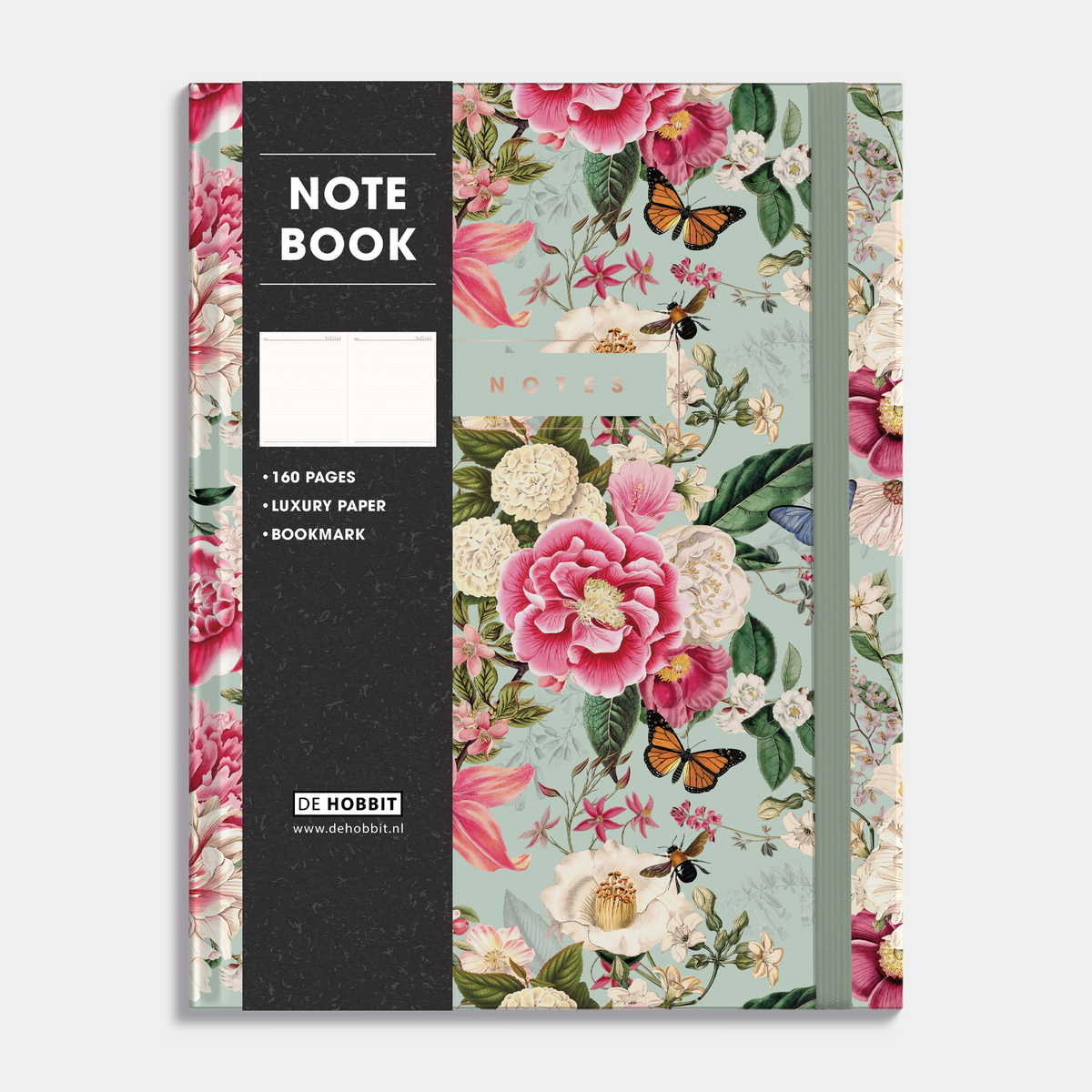 Notitieboek A4 met brocante print van rozen en vlinders, met een harde cover en elastische sluiting – vooraanzicht met informatieve banderol.