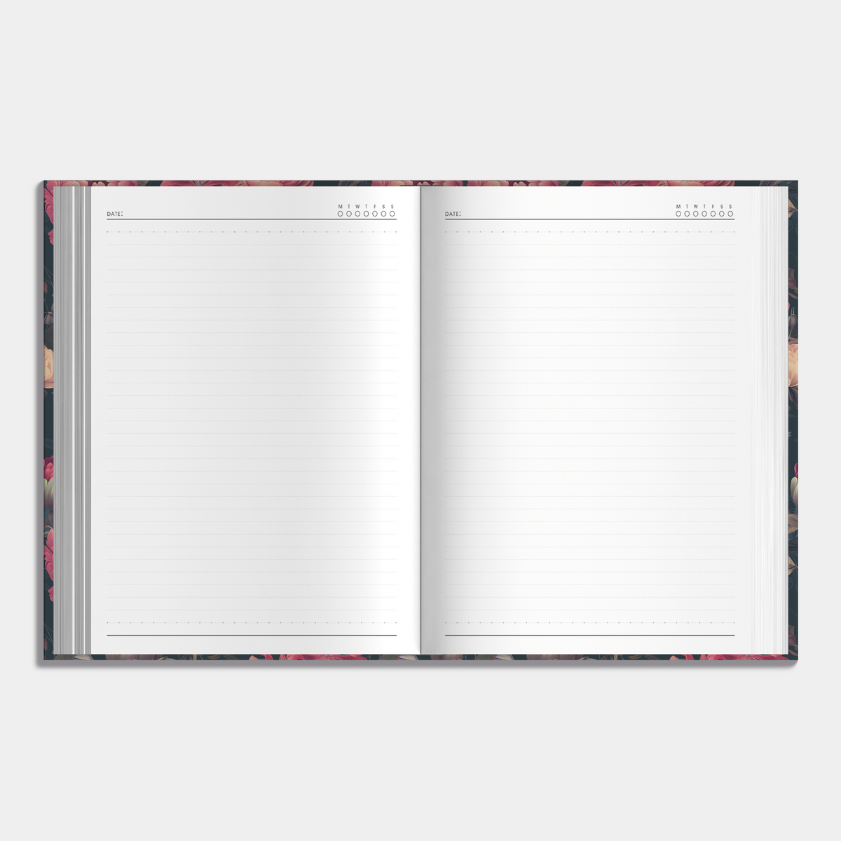 Notitieboek A4 met klassieke print van rode rozen – binnenwerk met notitieruimte.