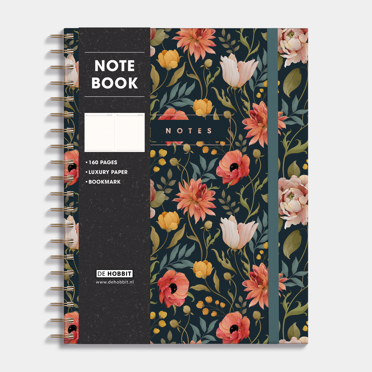 Notitieboek A4 met vintage bloemenprint voorzien van spiraalbinding, harde cover en elastische sluiting – vooraanzicht met informatieve banderol.