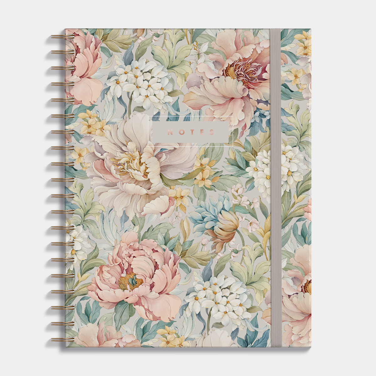 Notitieboek A4 met een vintage print van pioenrozen, met een harde cover en elastische sluiting – vooraanzicht.