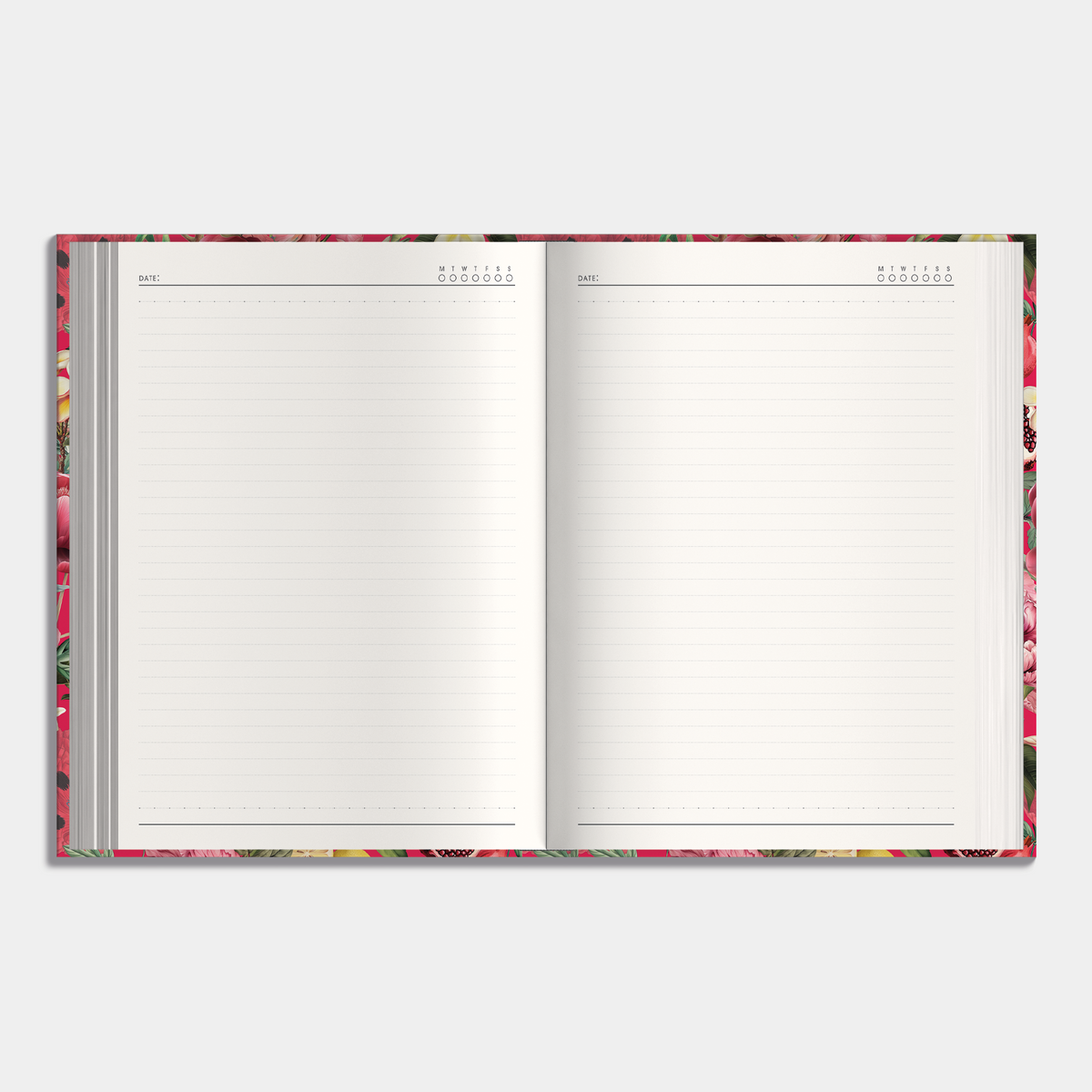 Notitieboek in het A5+ formaat met een tropische print van fruit en planten – binnenwerk met notitieruimte.
