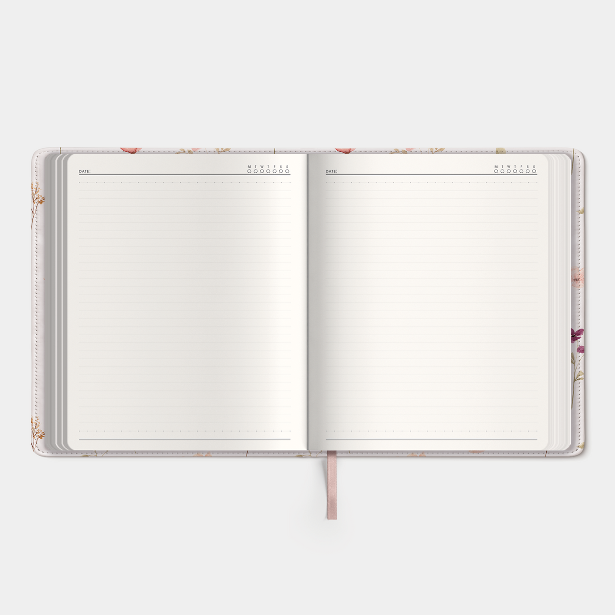 Notitieboek in het A5+ formaat met een flexibele coverhoes met een aquarel print van kleine bloemetjes – binnenwerk met notitieruimte.