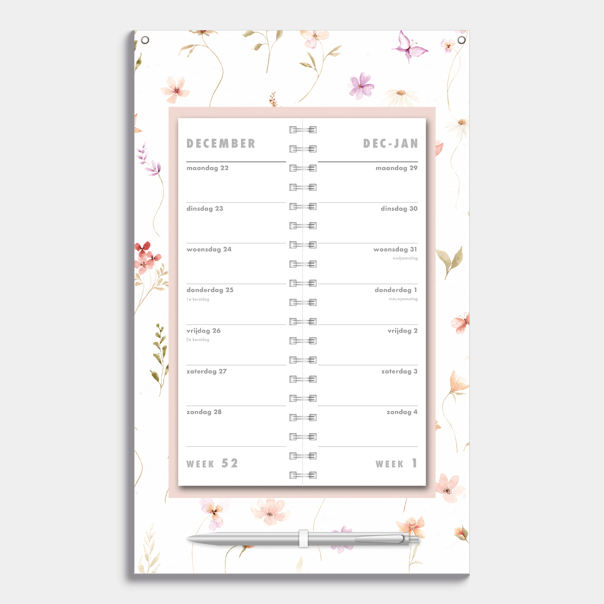 Omslagkalender 2026 met 2-weeks overzicht met een design van aquarel geschilderde bloemetjes – binnenwerk met 2 weeks overzicht.